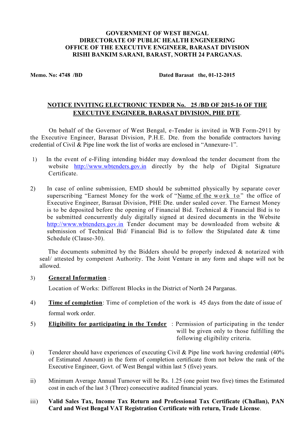 Government of West Bengal Directorate of Public Health Engineering Office of the Executive Engineer, Barasat Division Rishi Bankim Sarani, Barast, North 24 Parganas