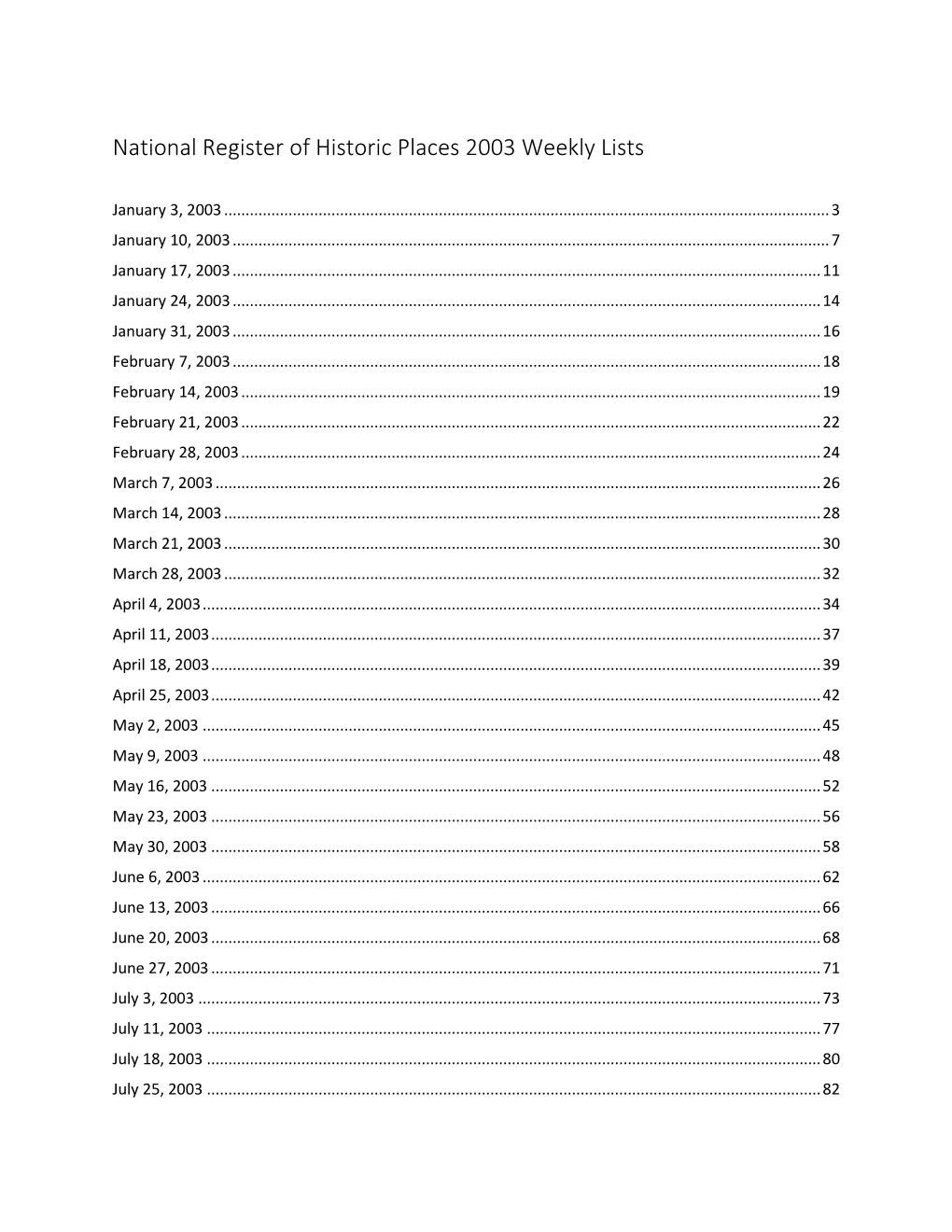 National Register of Historic Places Weekly Lists for 2003