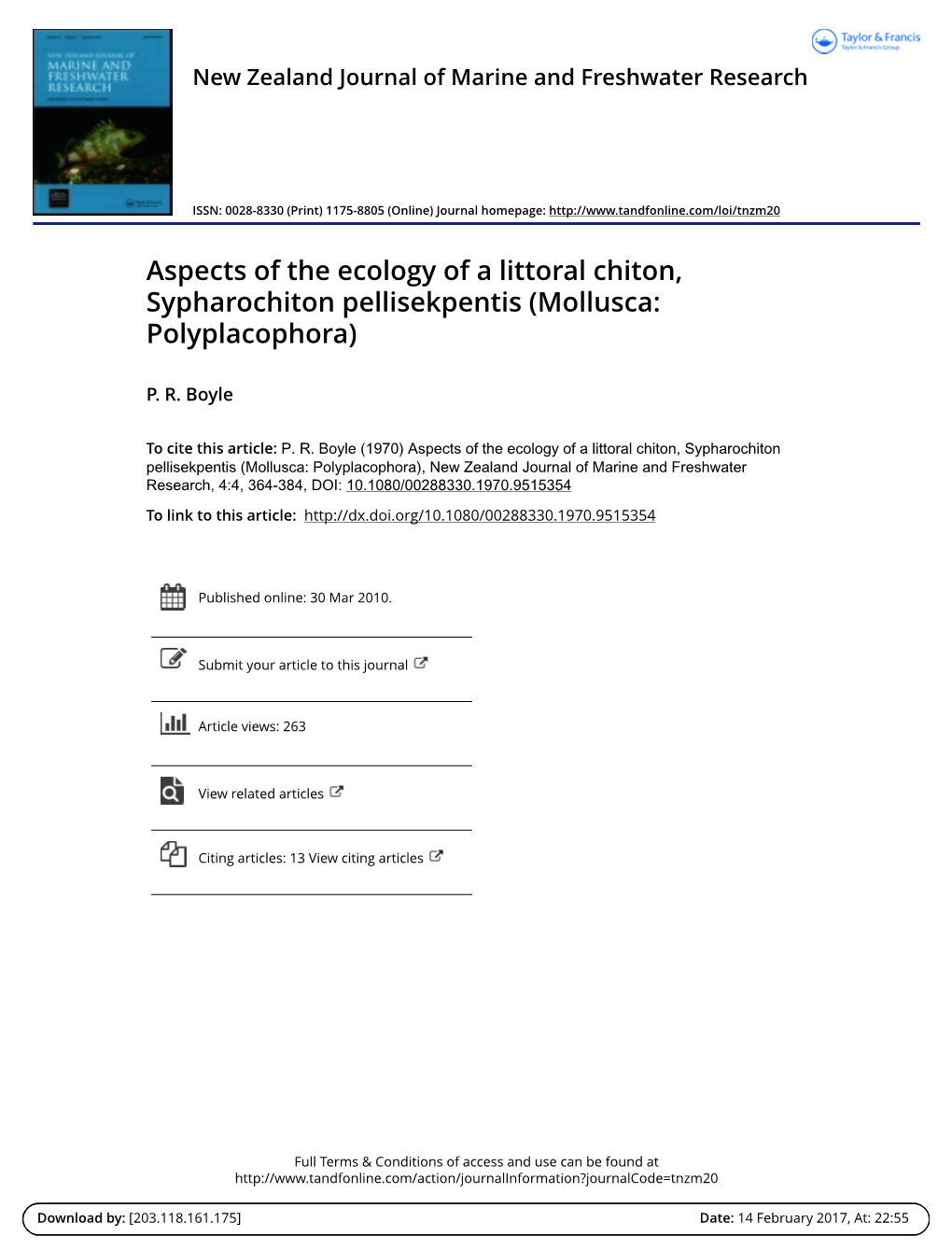 Aspects of the Ecology of a Littoral Chiton, Sypharochiton Pellisekpentis (Mollusca: Polyplacophora)