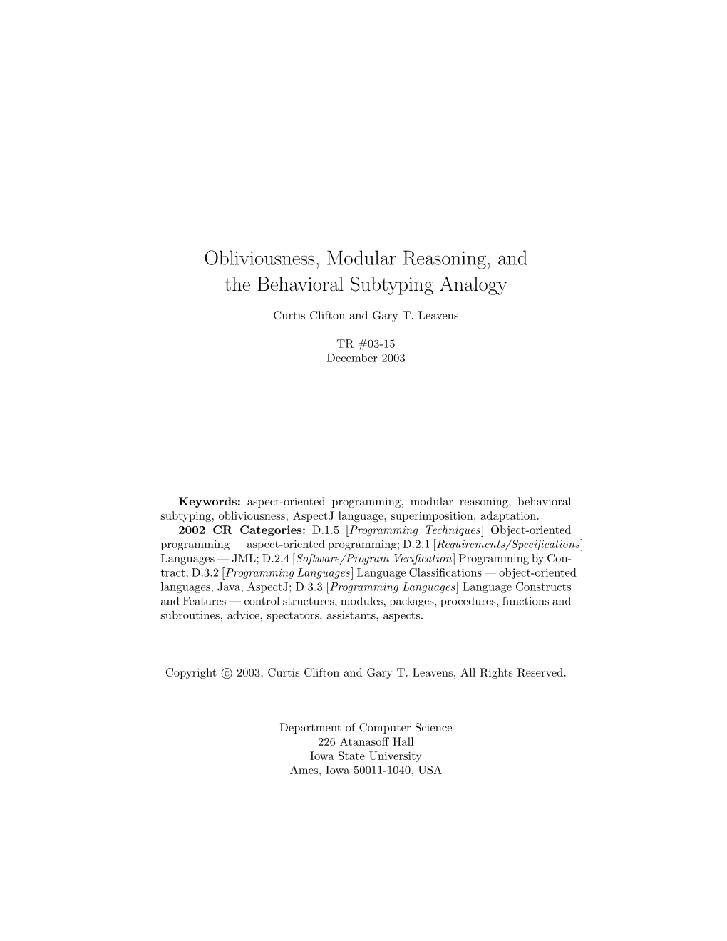 Obliviousness, Modular Reasoning, and the Behavioral Subtyping Analogy