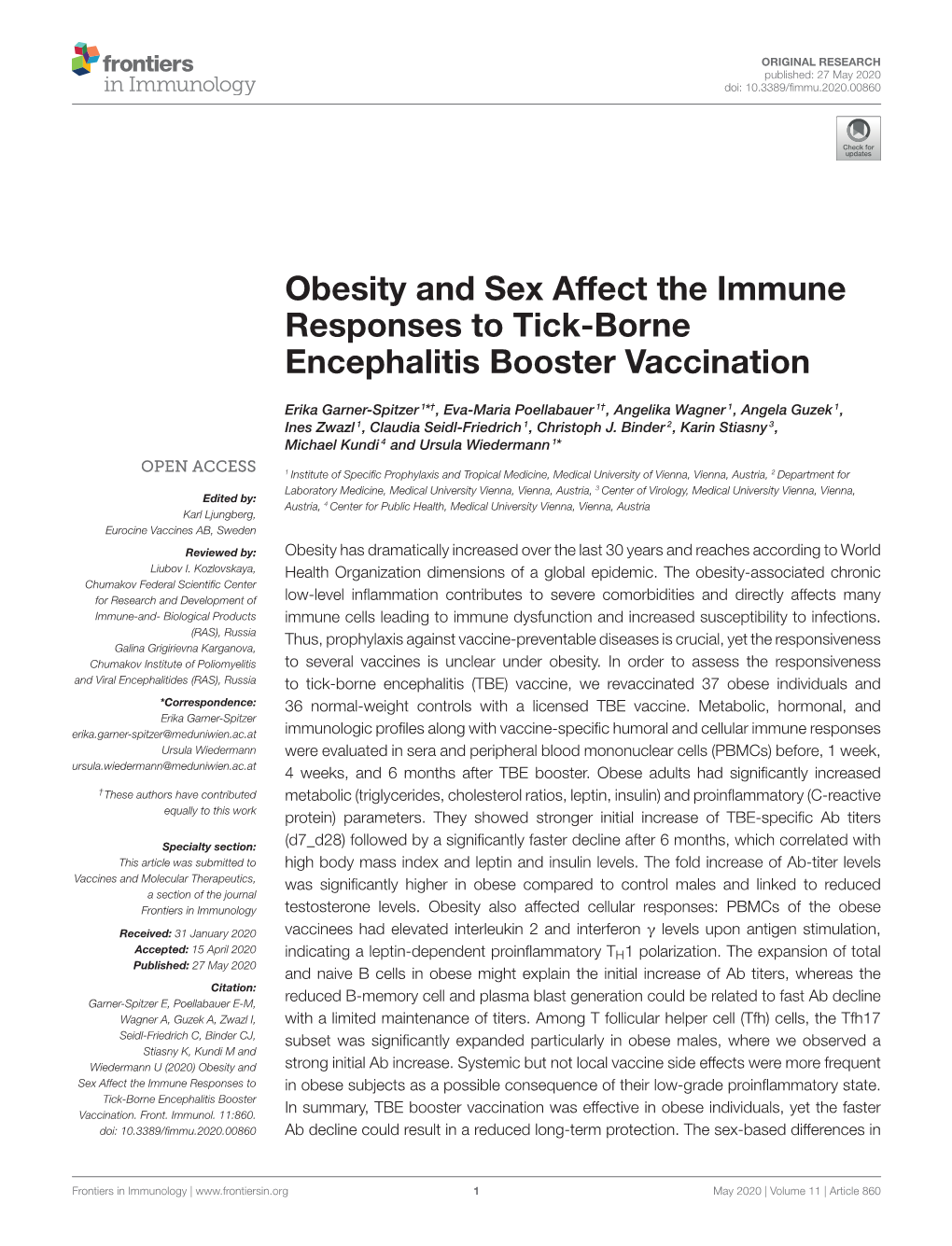 Obesity and Sex Affect the Immune Responses to Tick-Borne Encephalitis Booster Vaccination