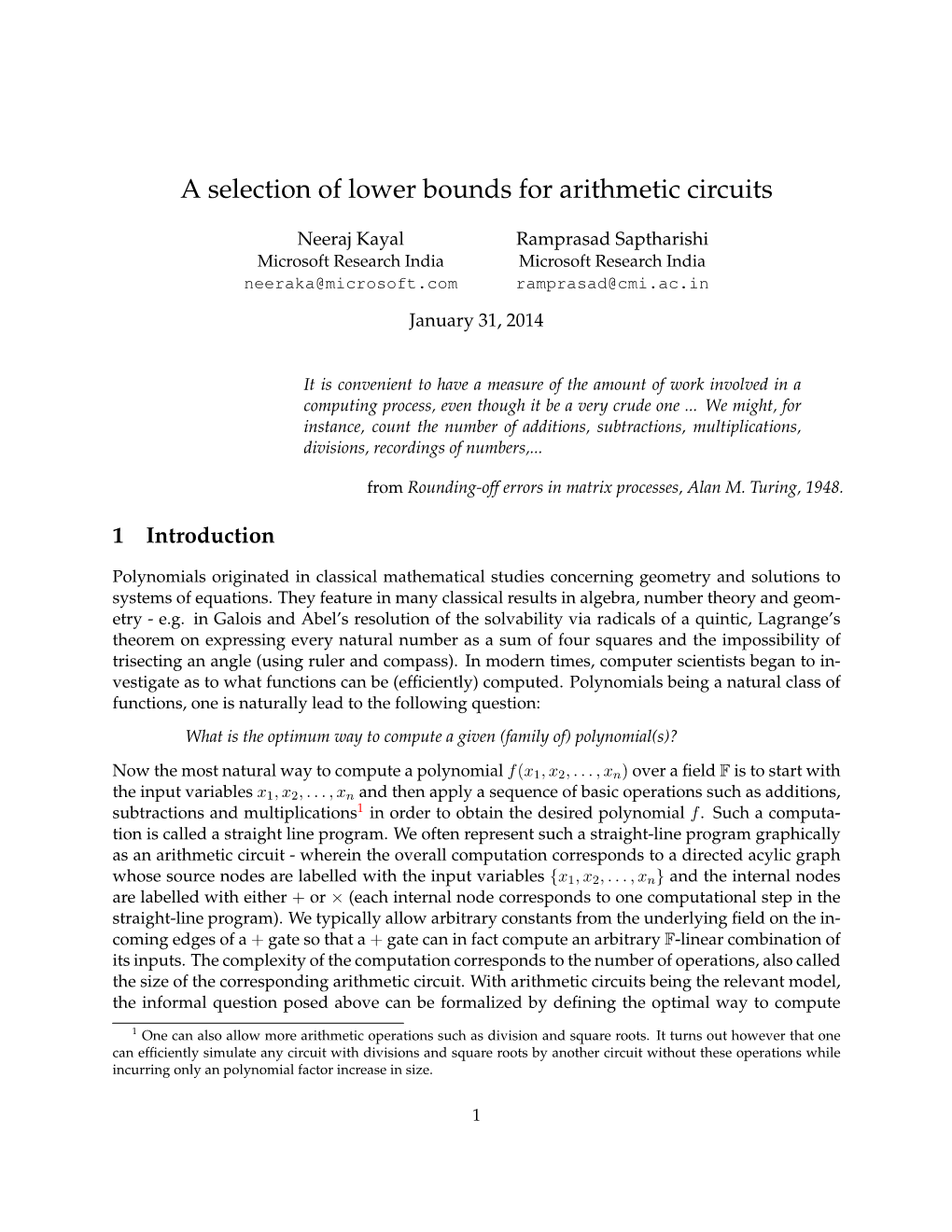 A Selection of Lower Bounds for Arithmetic Circuits