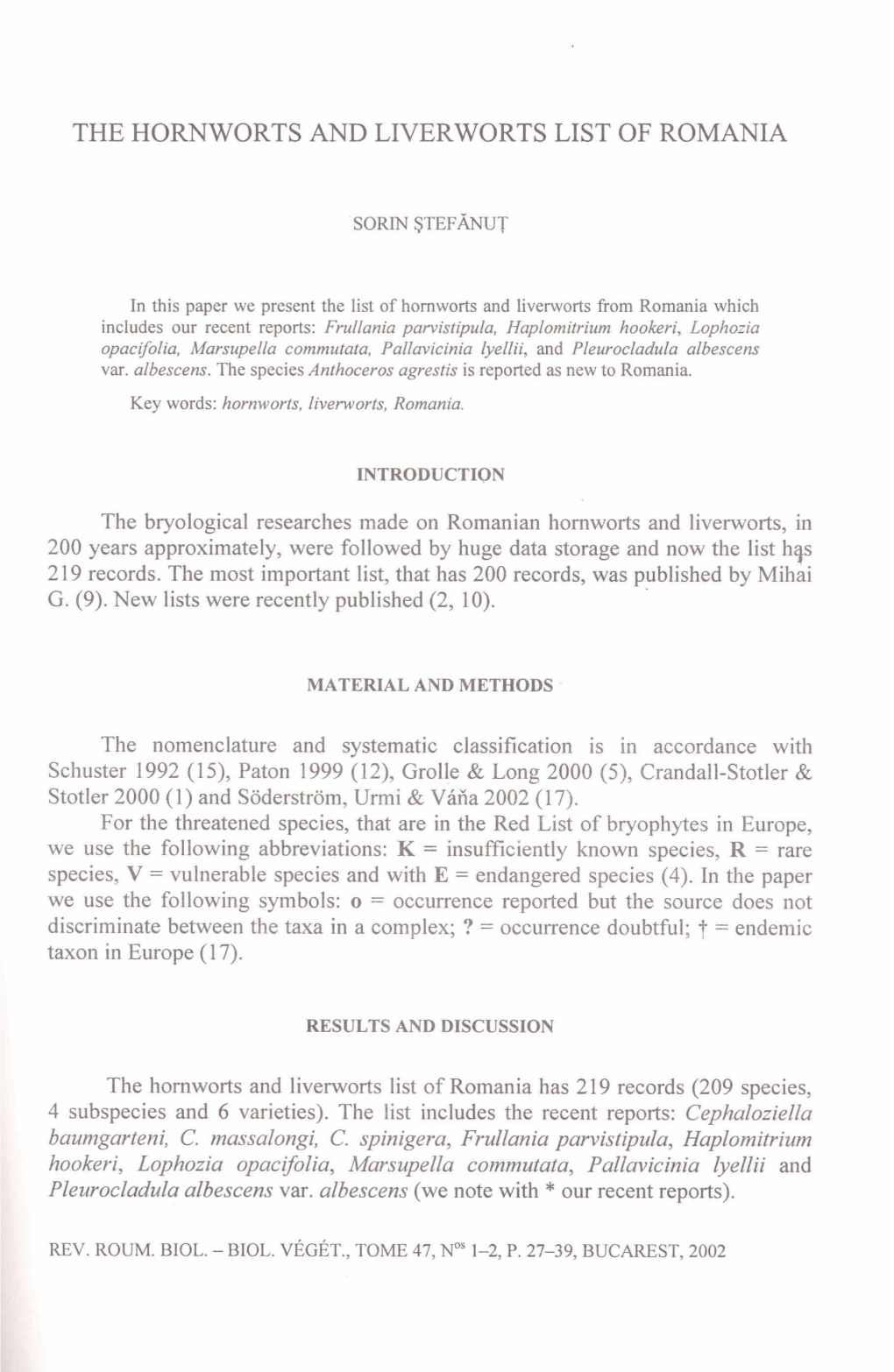 The Hornworts and Liverworts List of Romania