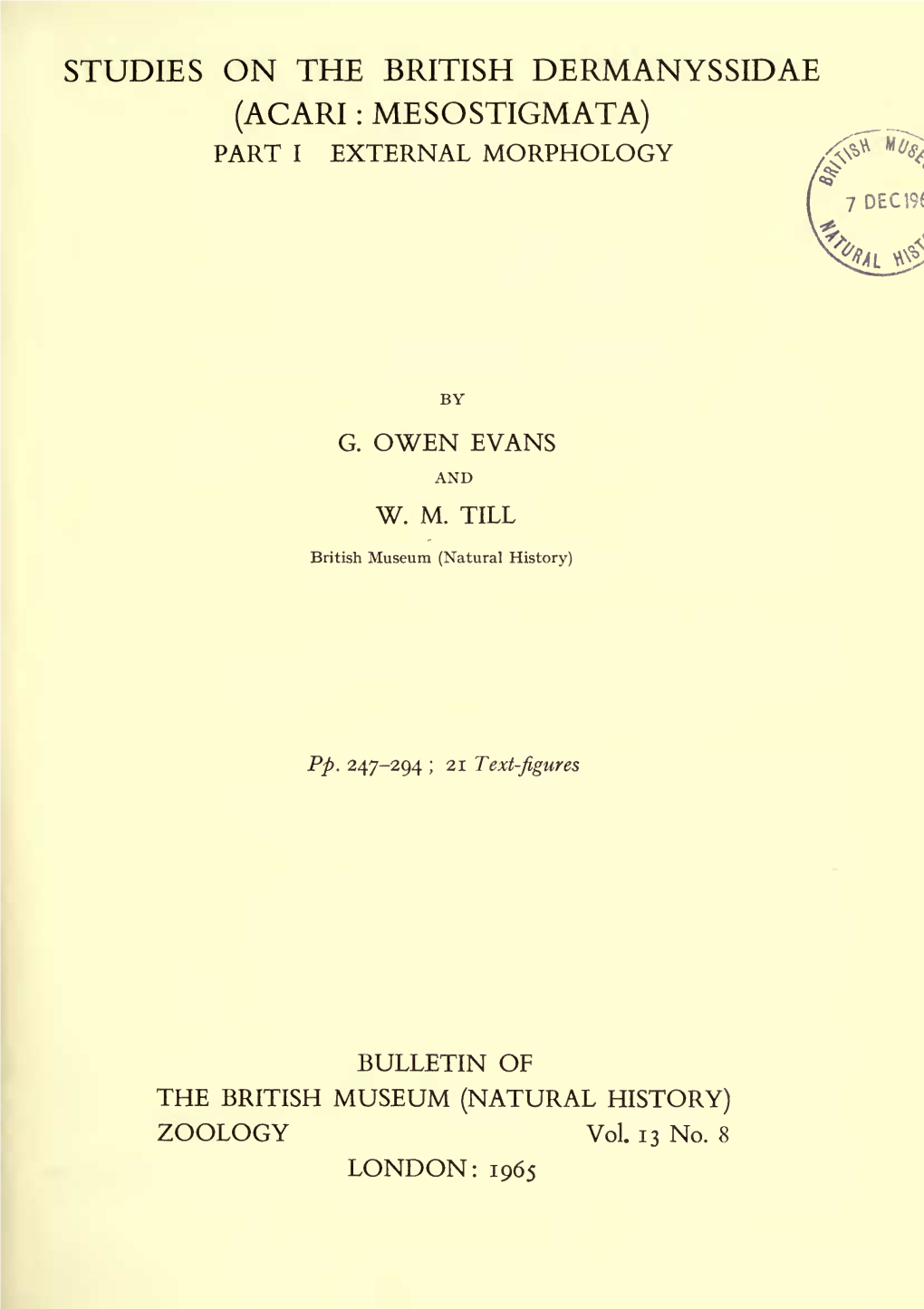 BULLETIN of the BRITISH MUSEUM (NATURAL HISTORY) ZOOLOGY Vol