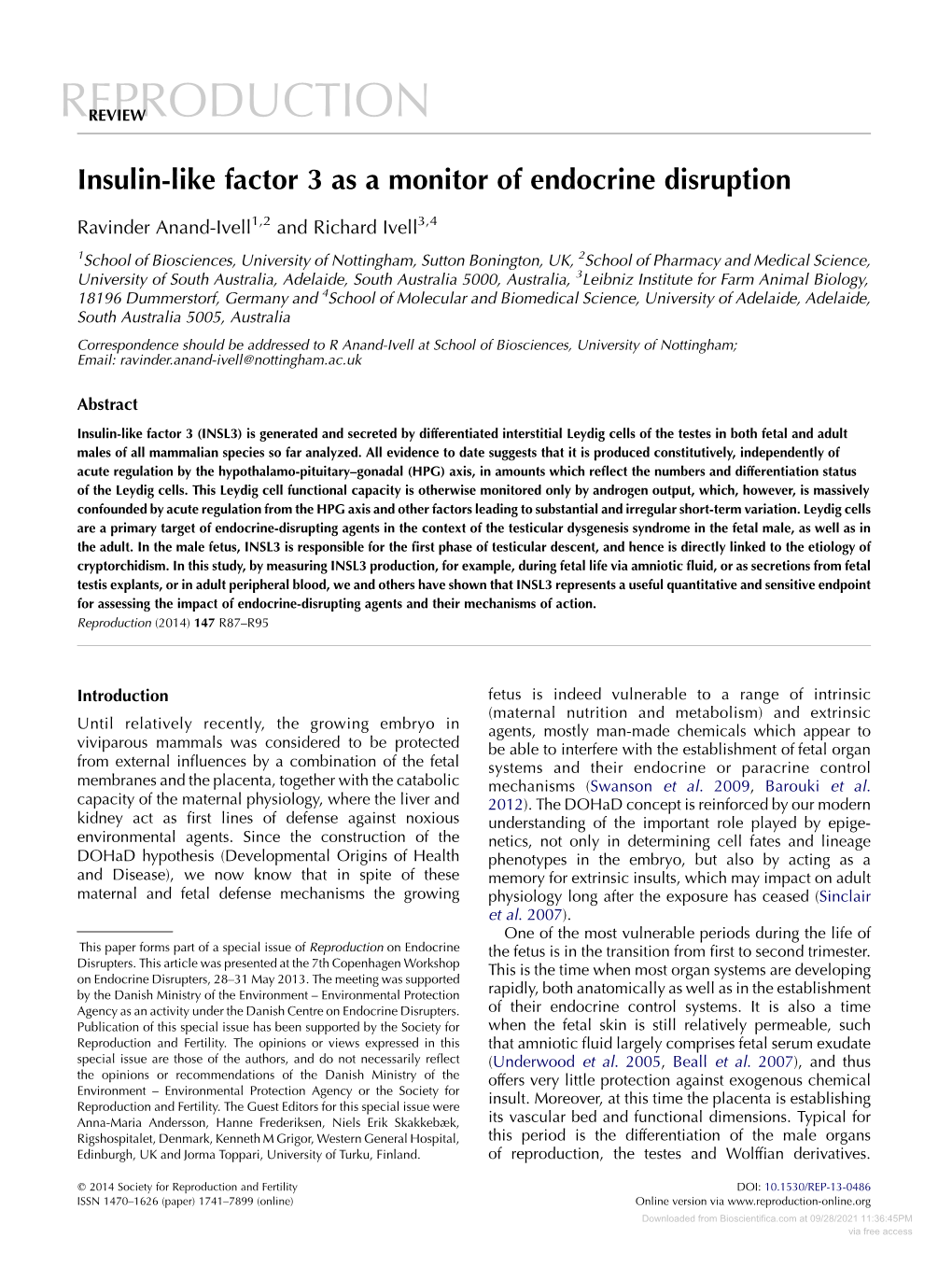 Insulin-Like Factor 3 As a Monitor of Endocrine Disruption