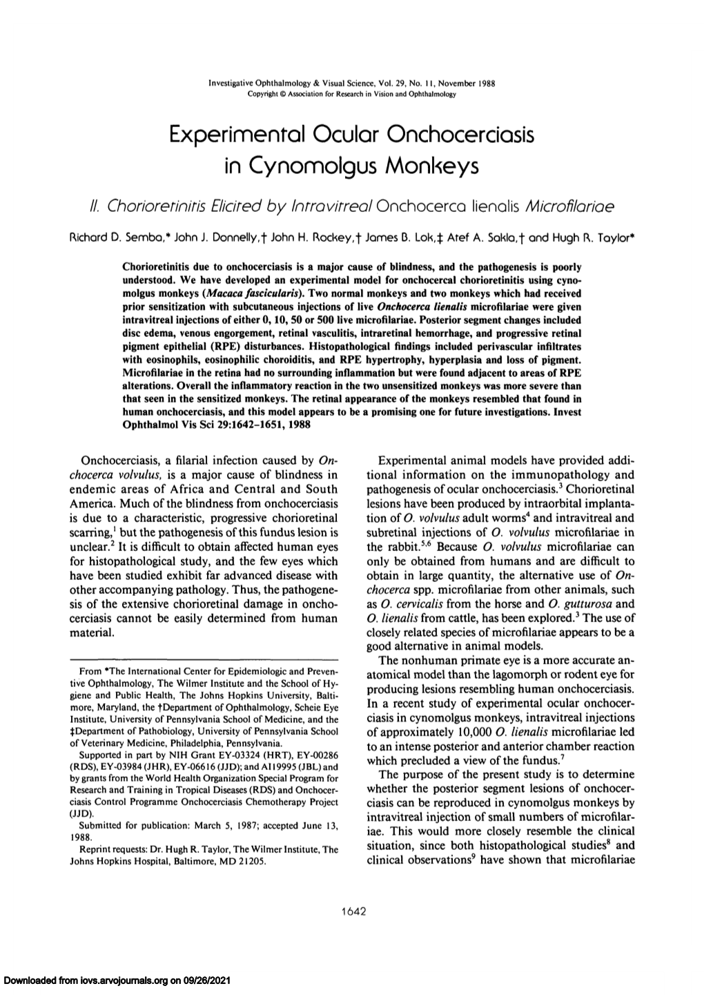 Experimental Ocular Onchocerciasis in Cynomolgus Monkeys