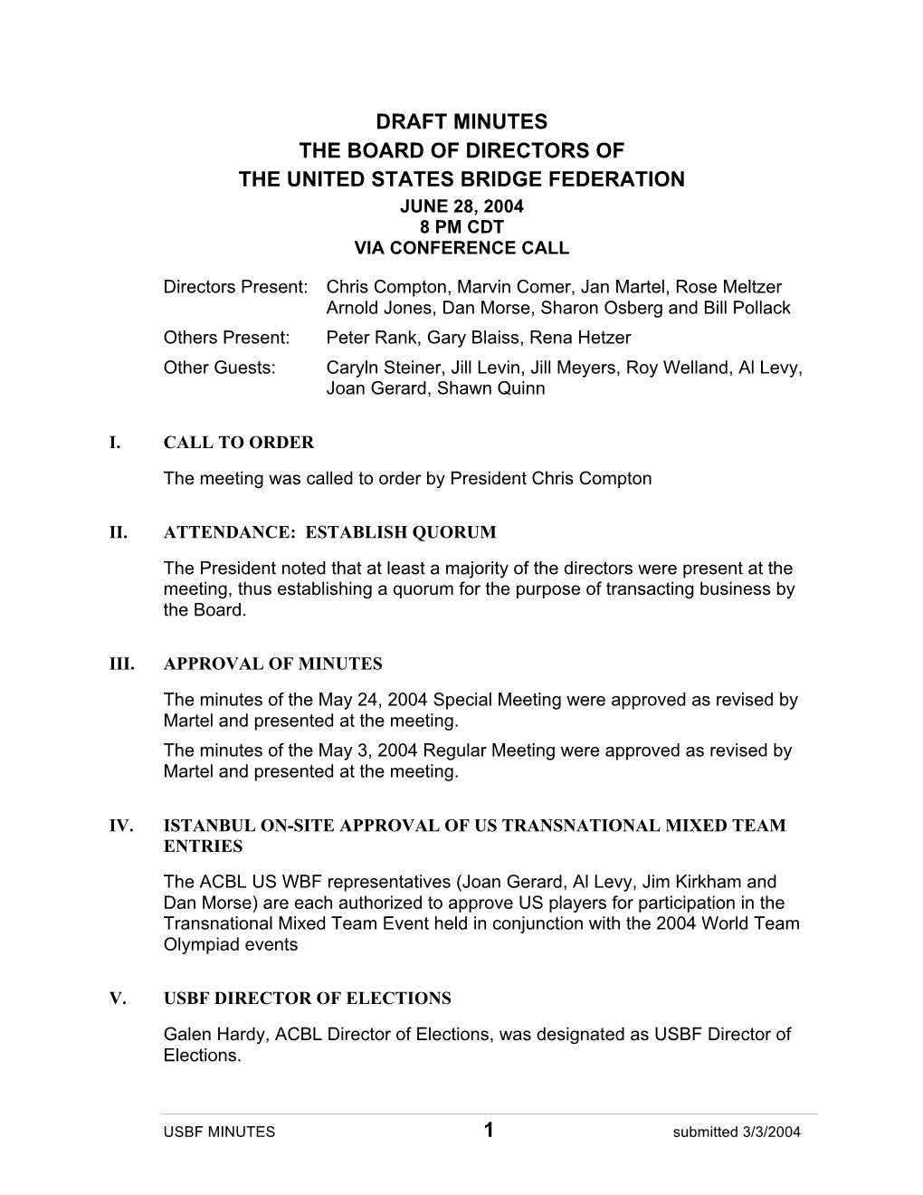 1 Draft Minutes the Board of Directors of the United States Bridge Federation