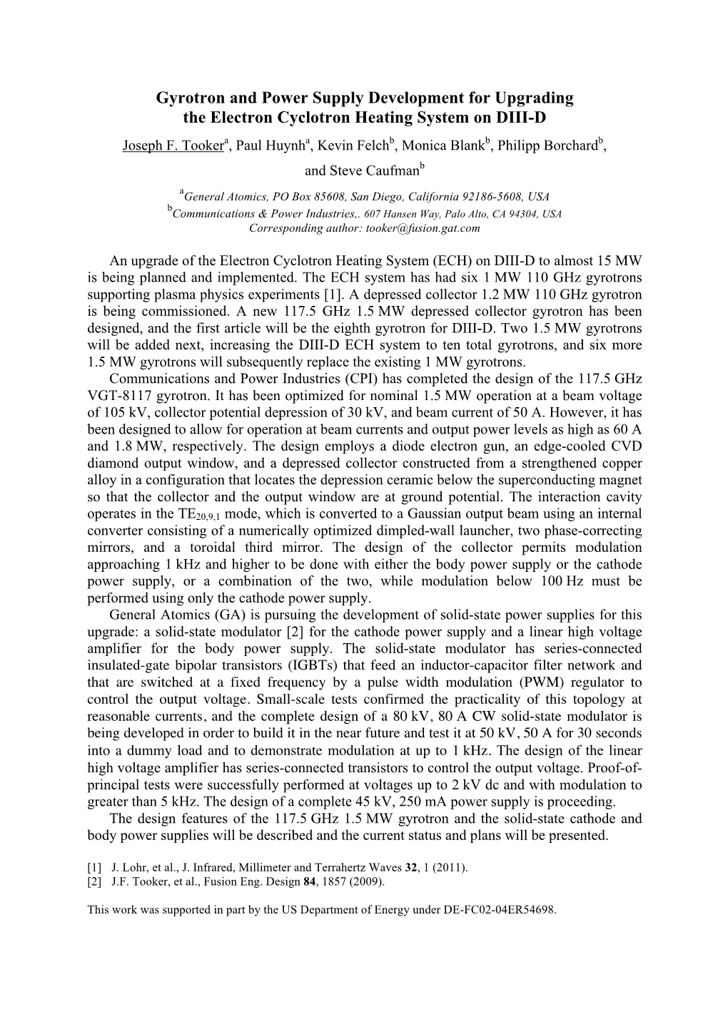 Gyrotron and Power Supply Development for Upgrading the Electron Cyclotron Heating System on DIII-D Joseph F