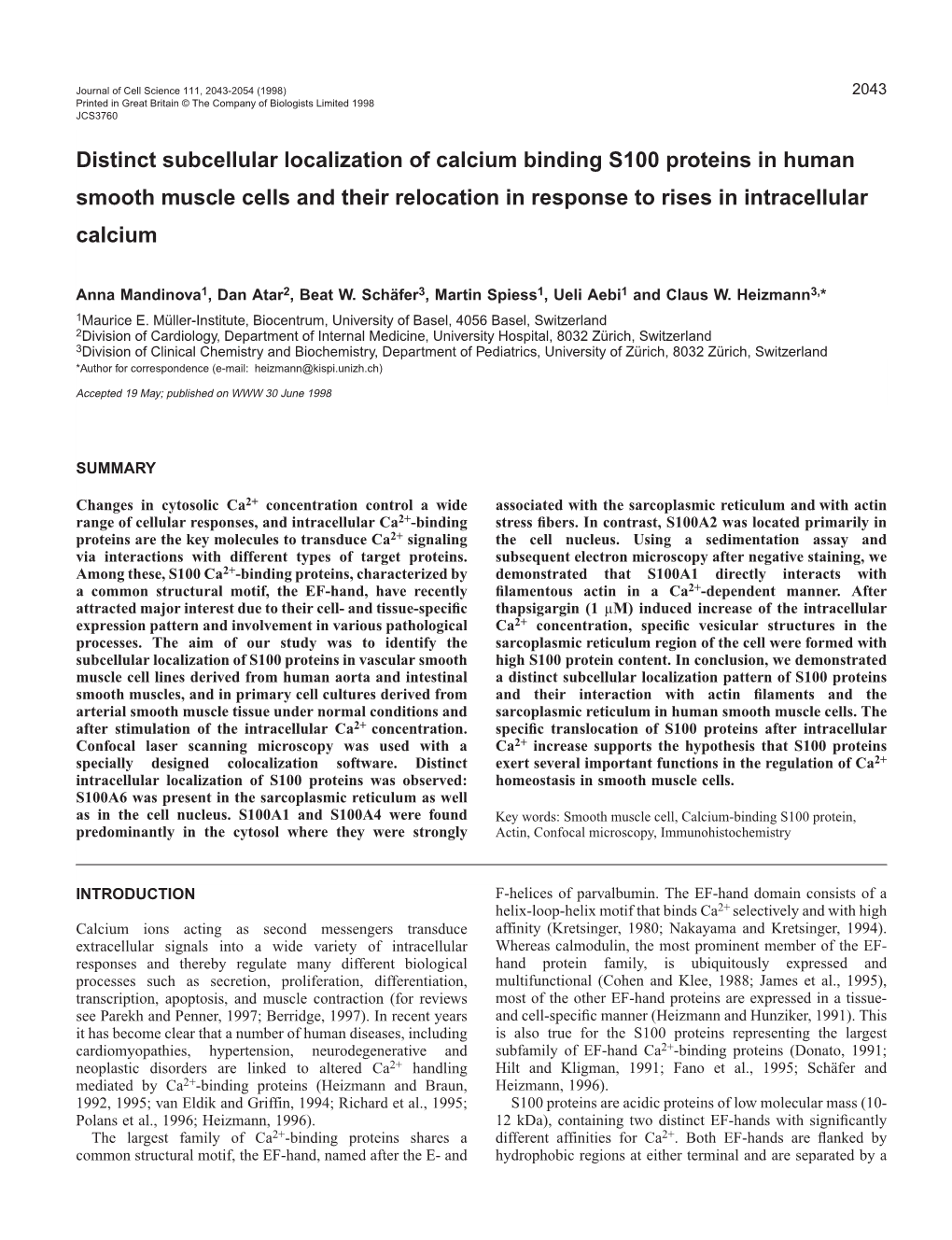 Distinct Subcellular Localization of Calcium Binding S100 Proteins in Human Smooth Muscle Cells and Their Relocation in Response to Rises in Intracellular Calcium