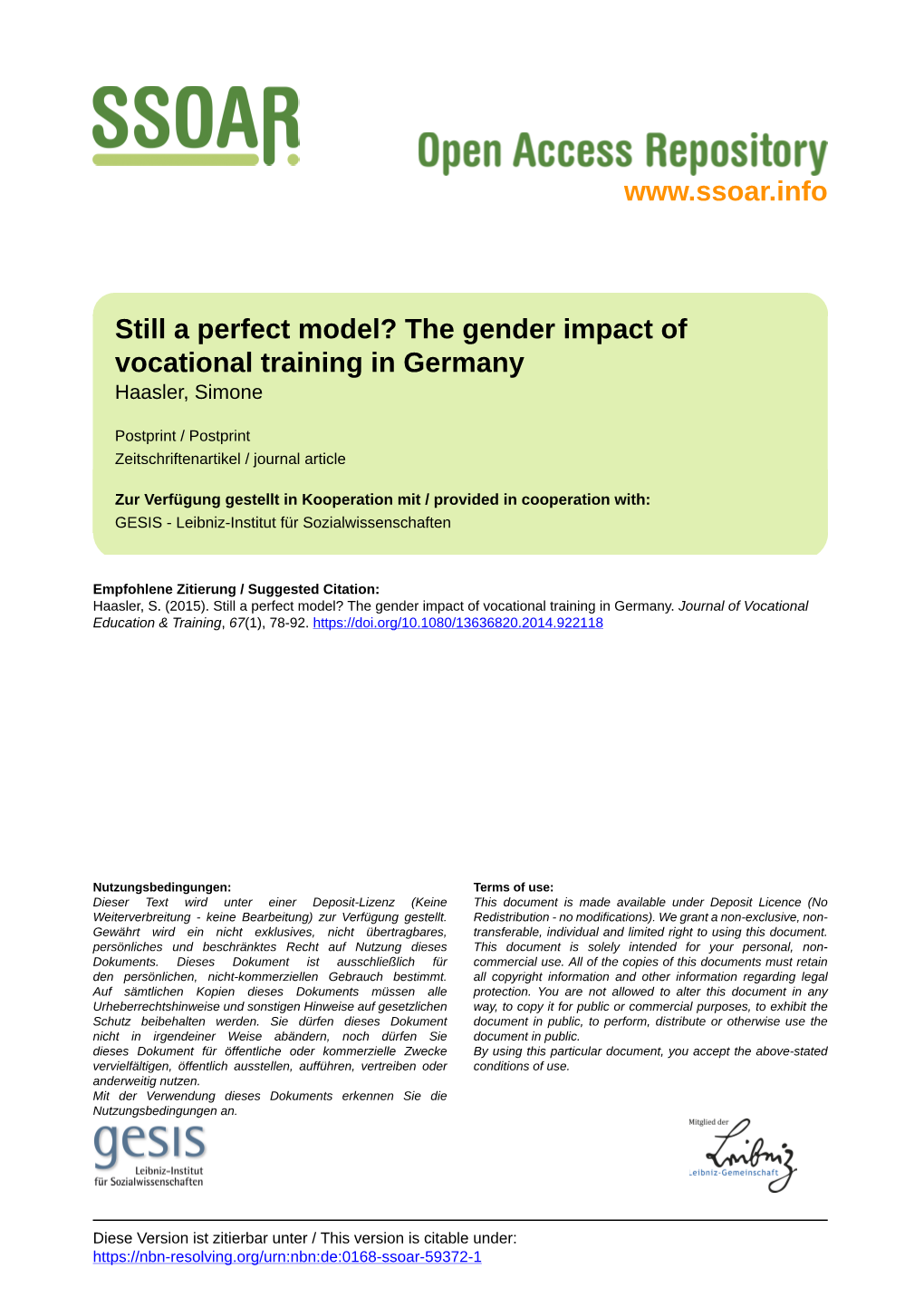 The Gender Impact of Vocational Training in Germany Haasler, Simone