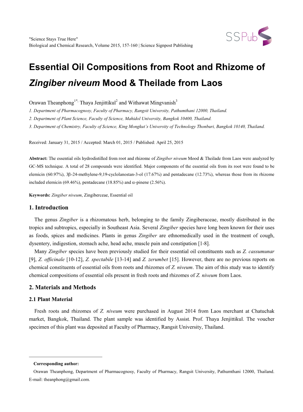 Essential Oil Compositions from Root and Rhizome of Zingiber Niveum Mood & Theilade from Laos