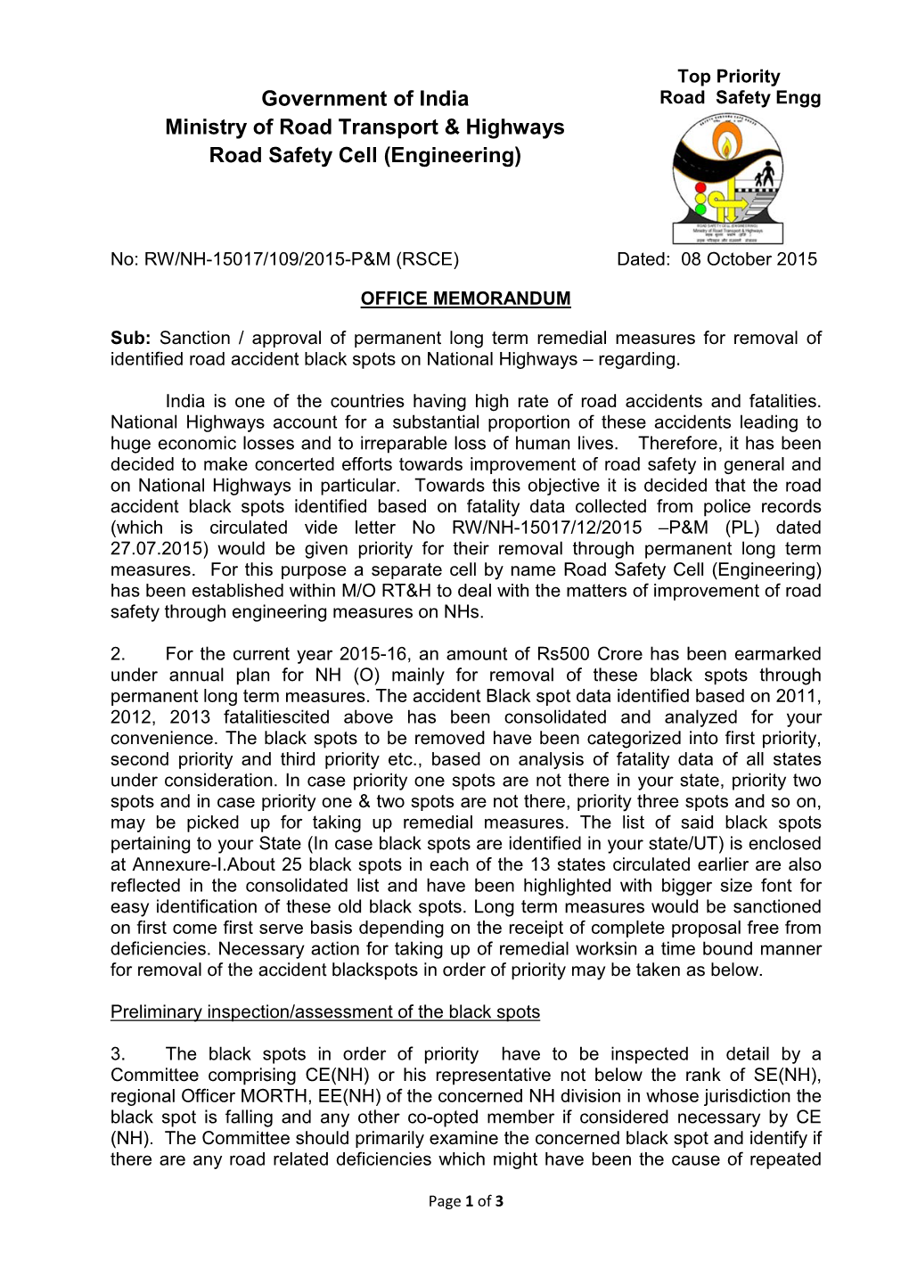 Sanction / Approval of Permanent Long Term Remedial Measures for Removal of Identified Road Accident Black Spots on National Highways – Regarding