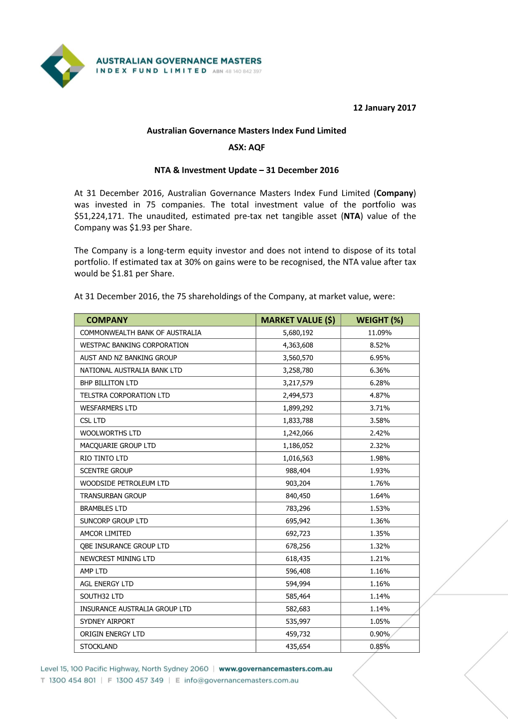 12 January 2017 Australian Governance Masters Index Fund