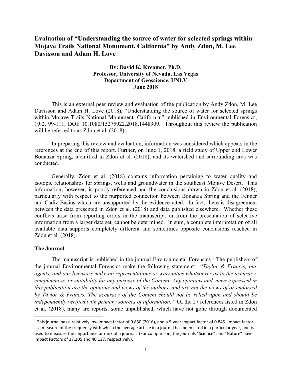 Evaluation of “Understanding the Source of Water for Selected Springs Within Mojave Trails National Monument, California” by Andy Zdon, M