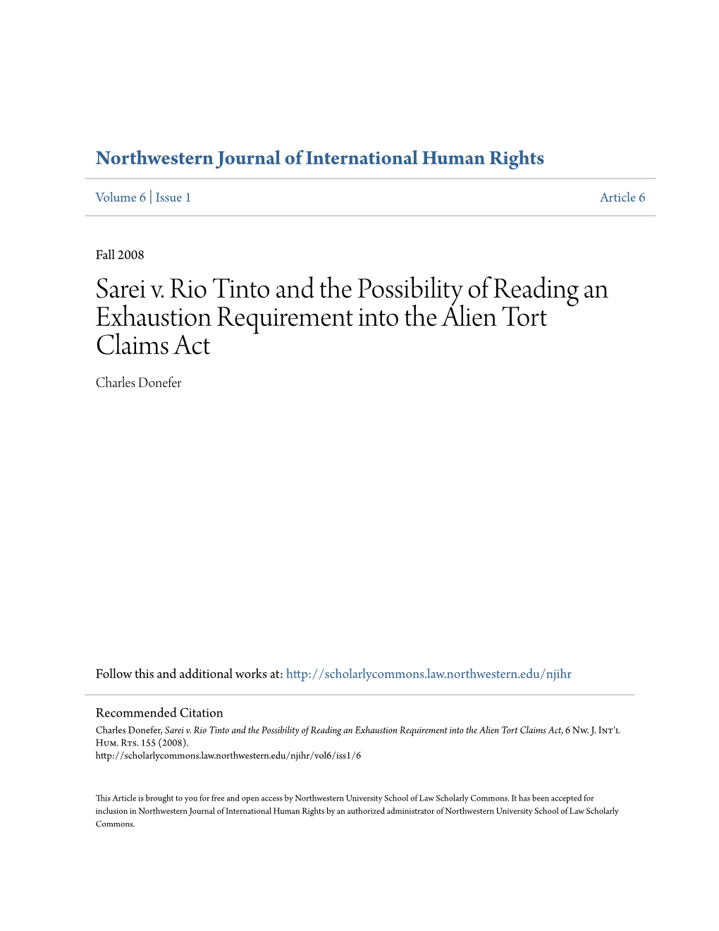 Sarei V. Rio Tinto and the Possibility of Reading an Exhaustion Requirement Into the Alien Tort Claims Act Charles Donefer