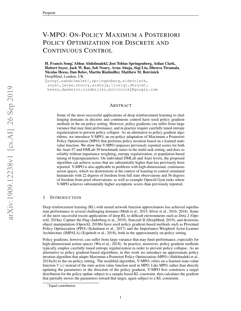 V-MPO: On-Policy Maximum a Posteriori Policy Optimization For