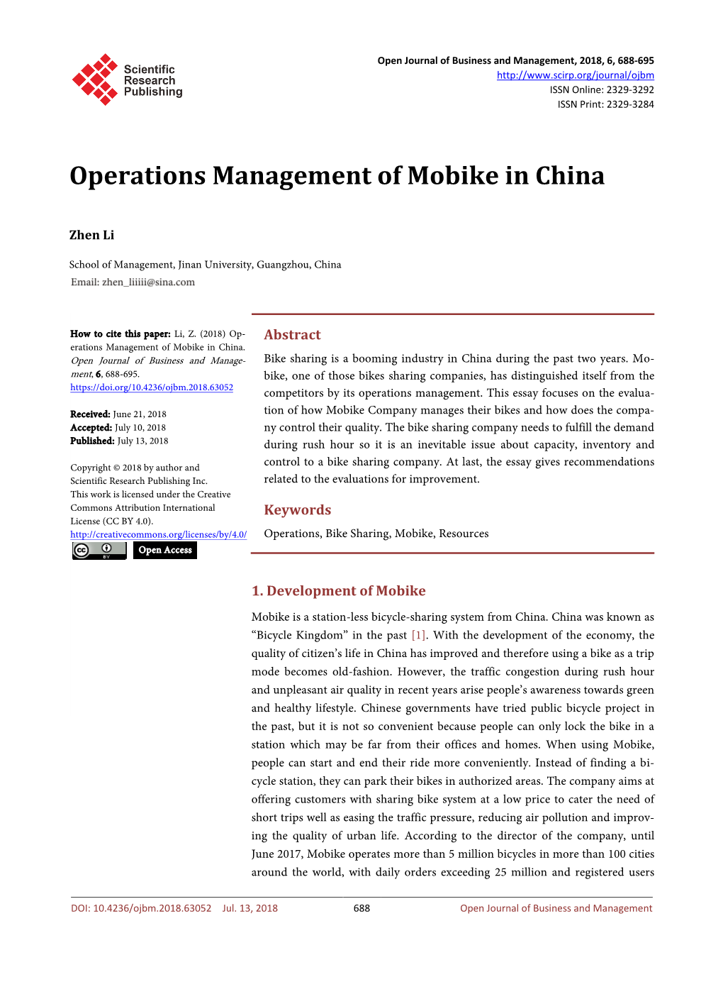 Operations Management of Mobike in China