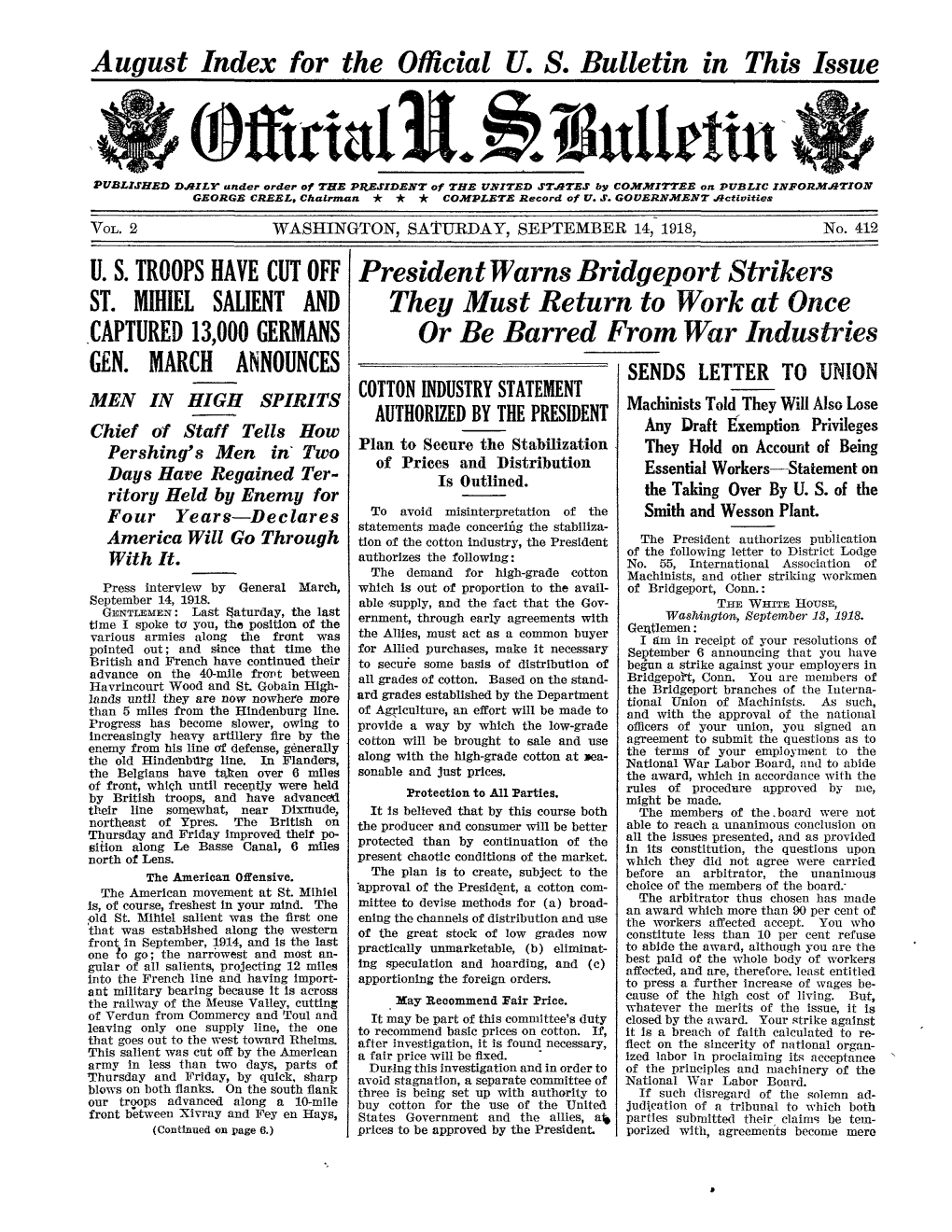 August Index for the Official U. S. Bulletin in This Issue U. S. TROOPS HAVE CUT OFF ST. MIHIEL SALIENT and .CAPTURED 13,000