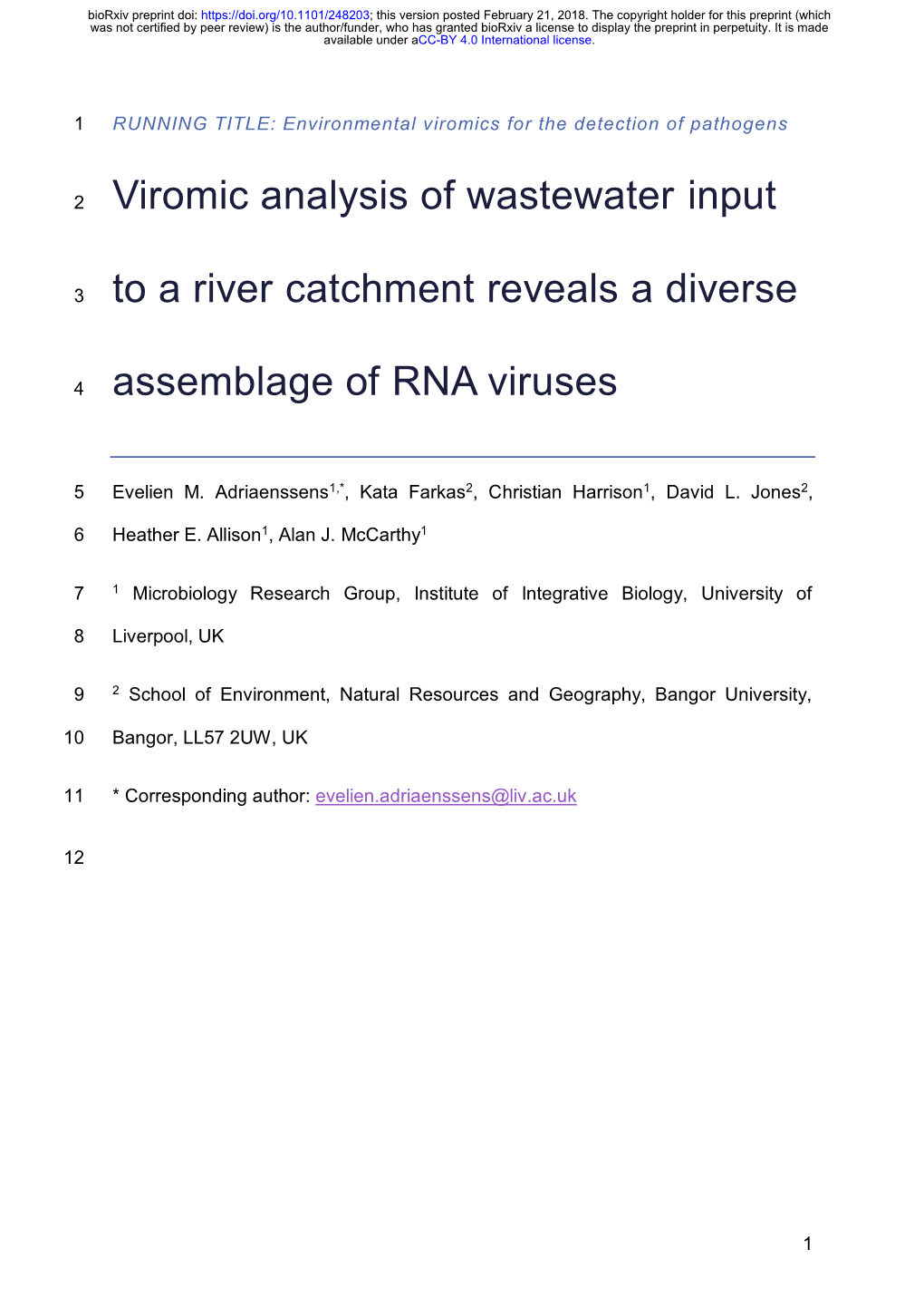 Viromic Analysis of Wastewater Input to a River Catchment Reveals a Diverse Assemblage of RNA Viruses