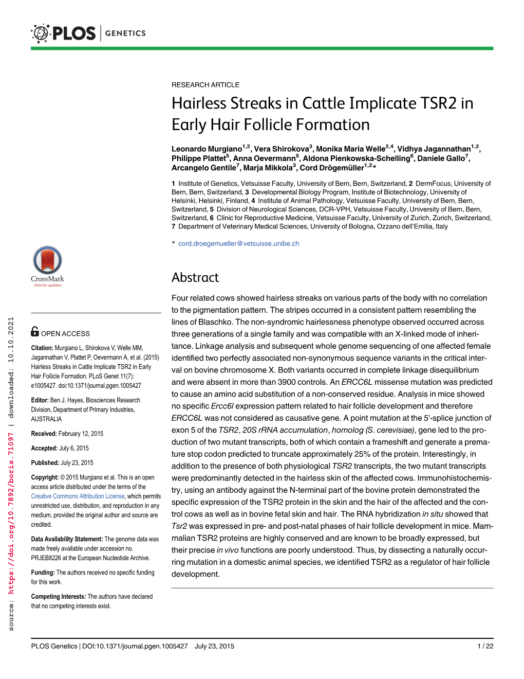 Hairless Streaks in Cattle Implicate TSR2 in Early Hair Follicle