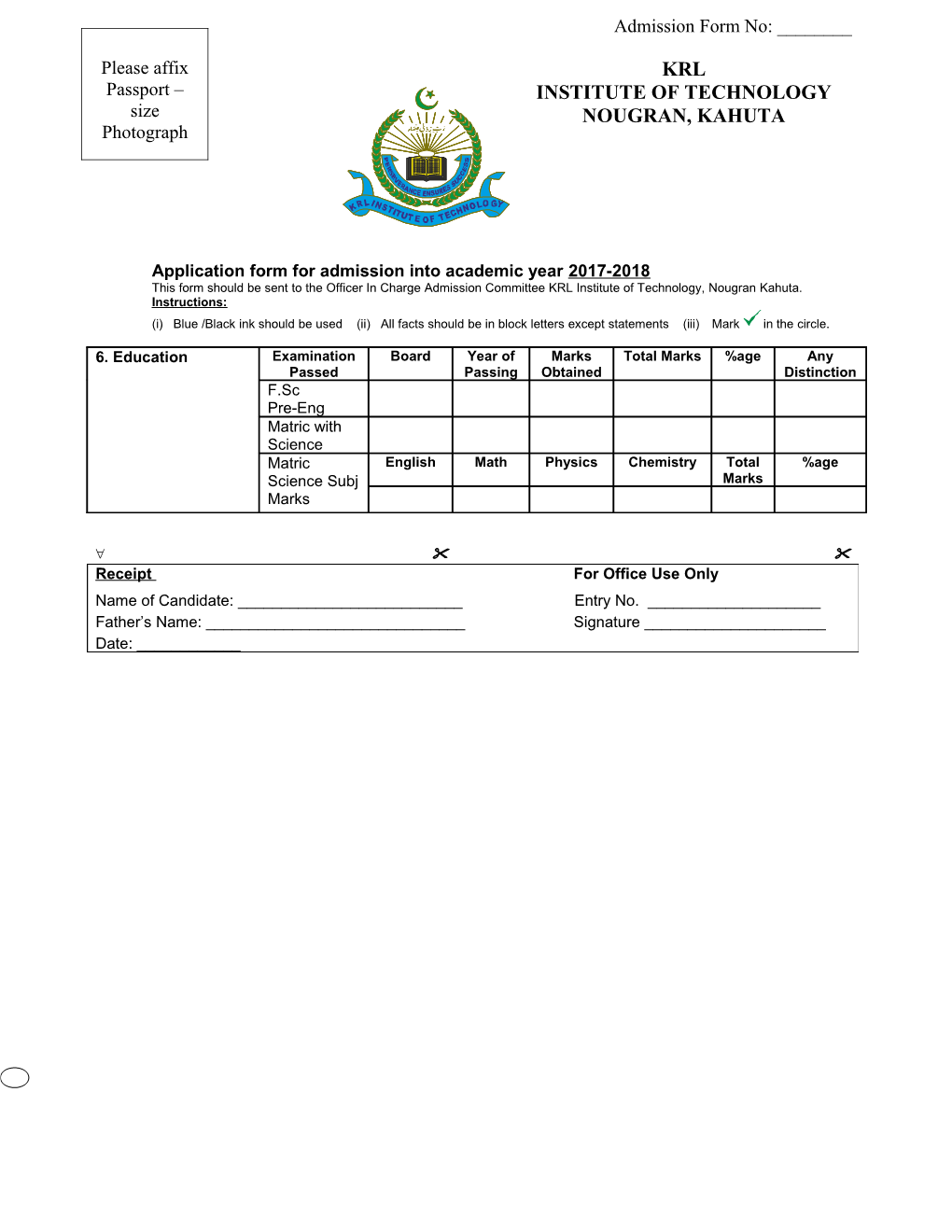 Application Form for Admission Into Academic Year 2017-2018