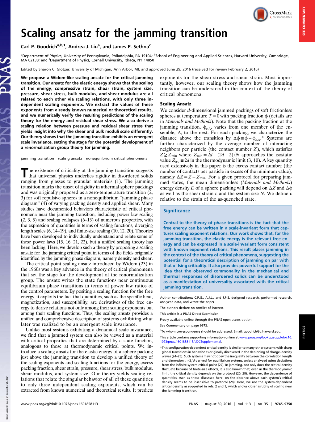 Scaling Ansatz for the Jamming Transition SEE COMMENTARY