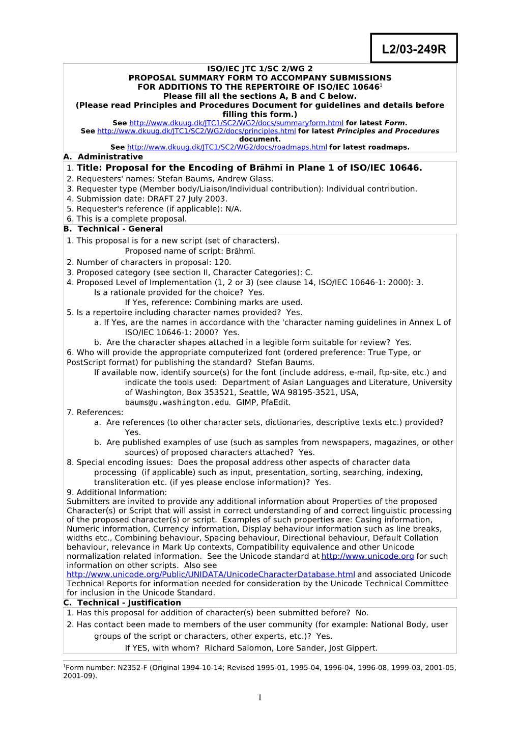 Proposal for the Encoding of Brāhmī in Plane 1 of ISO/IEC 10646