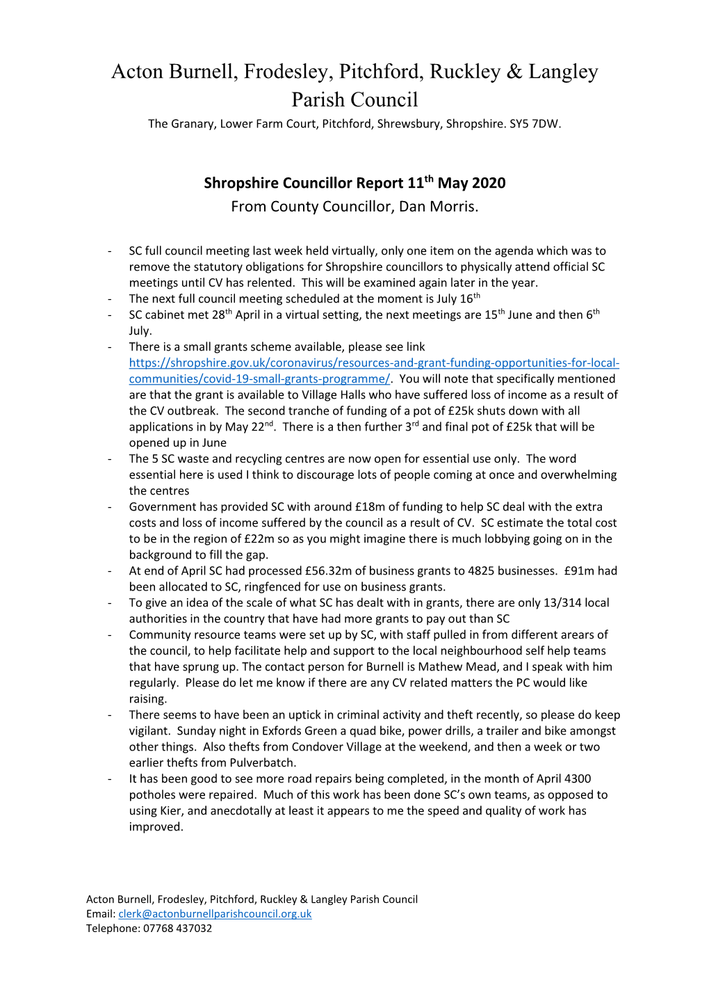 Shropshire Councillor Report 11Th May 2020 from County Councillor, Dan Morris