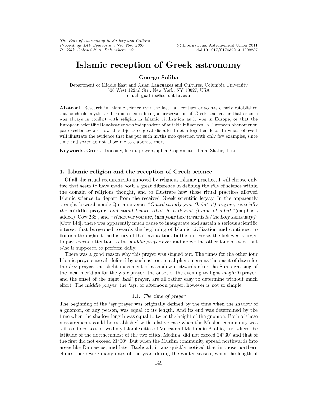 Islamic Reception of Greek Astronomy