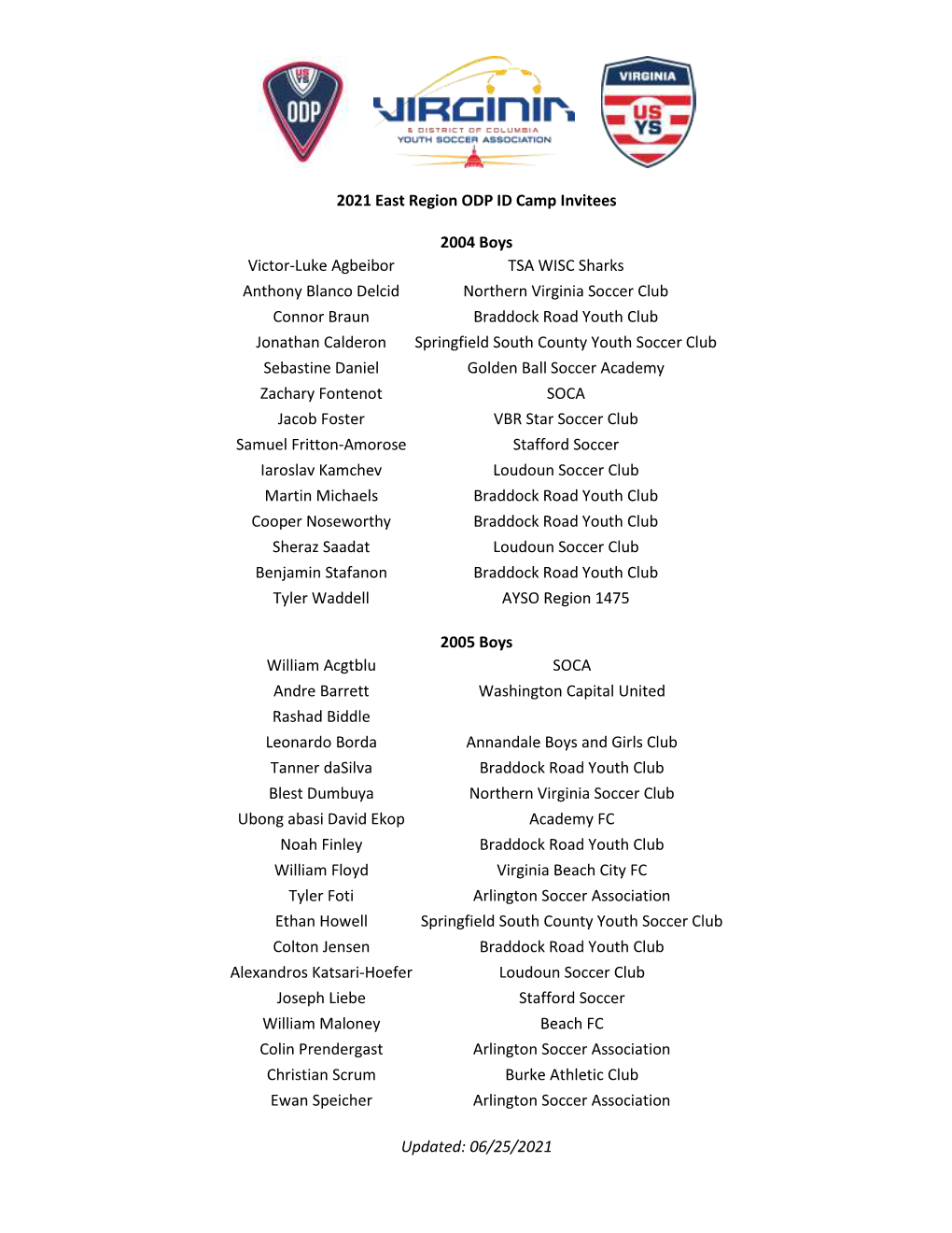 06/25/2021 2021 East Region ODP ID Camp Invitees