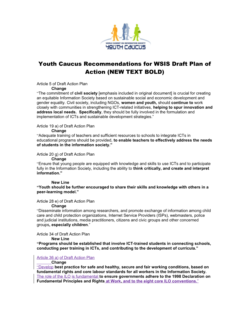 Youth Caucus Recommendations for WSIS Draft Plan of Action (NEW TEXT BOLD)