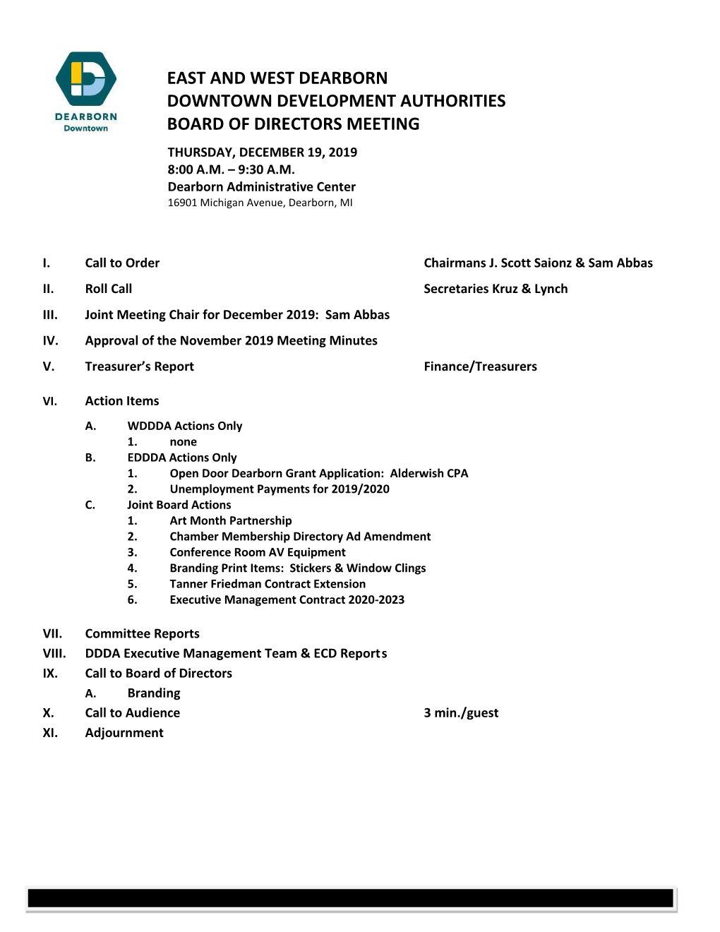 East and West Dearborn Downtown Development Authorities Board of Directors Meeting Thursday, December 19, 2019 8:00 A.M