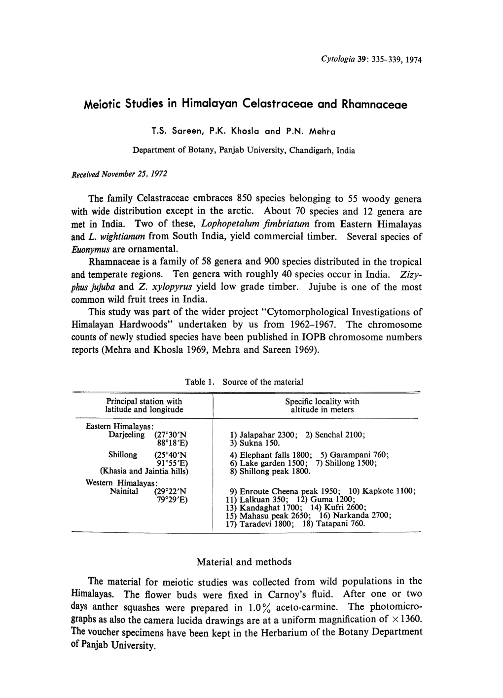 Meiotic Studies in Himalayan Celastraceae and Rhamnaceae T. S. Sareen, P. K. Khosla and P. N. Mehra Department of Botany, Panjab