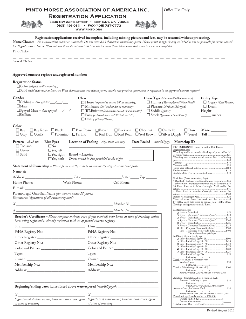 Pinto Horse Association of America Inc. Registration Application