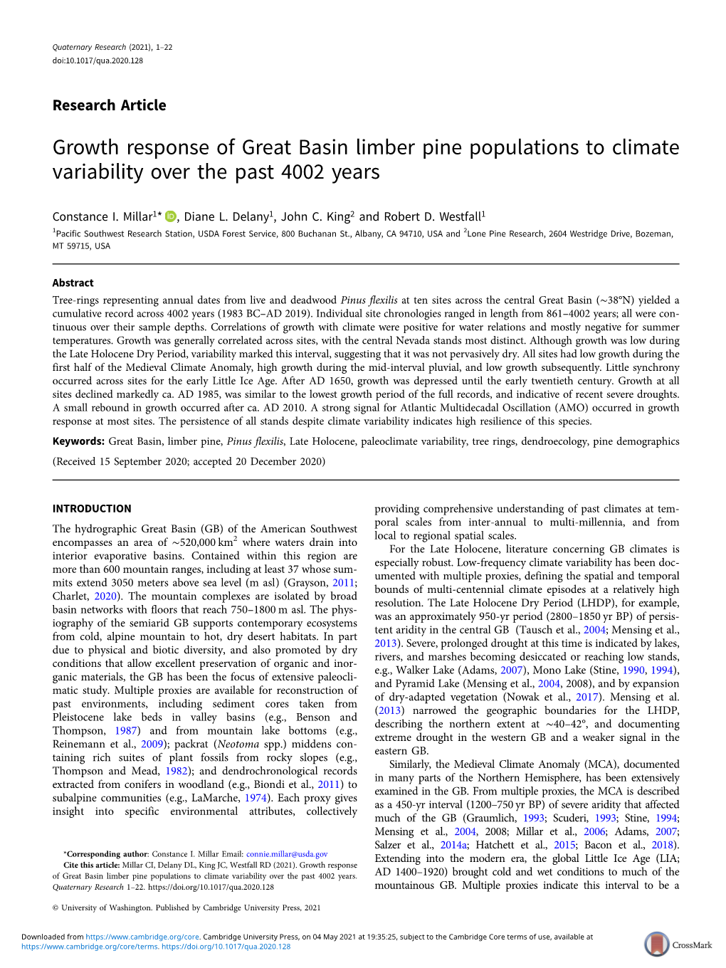 Growth Response of Great Basin Limber Pine Populations to Climate Variability Over the Past 4002 Years