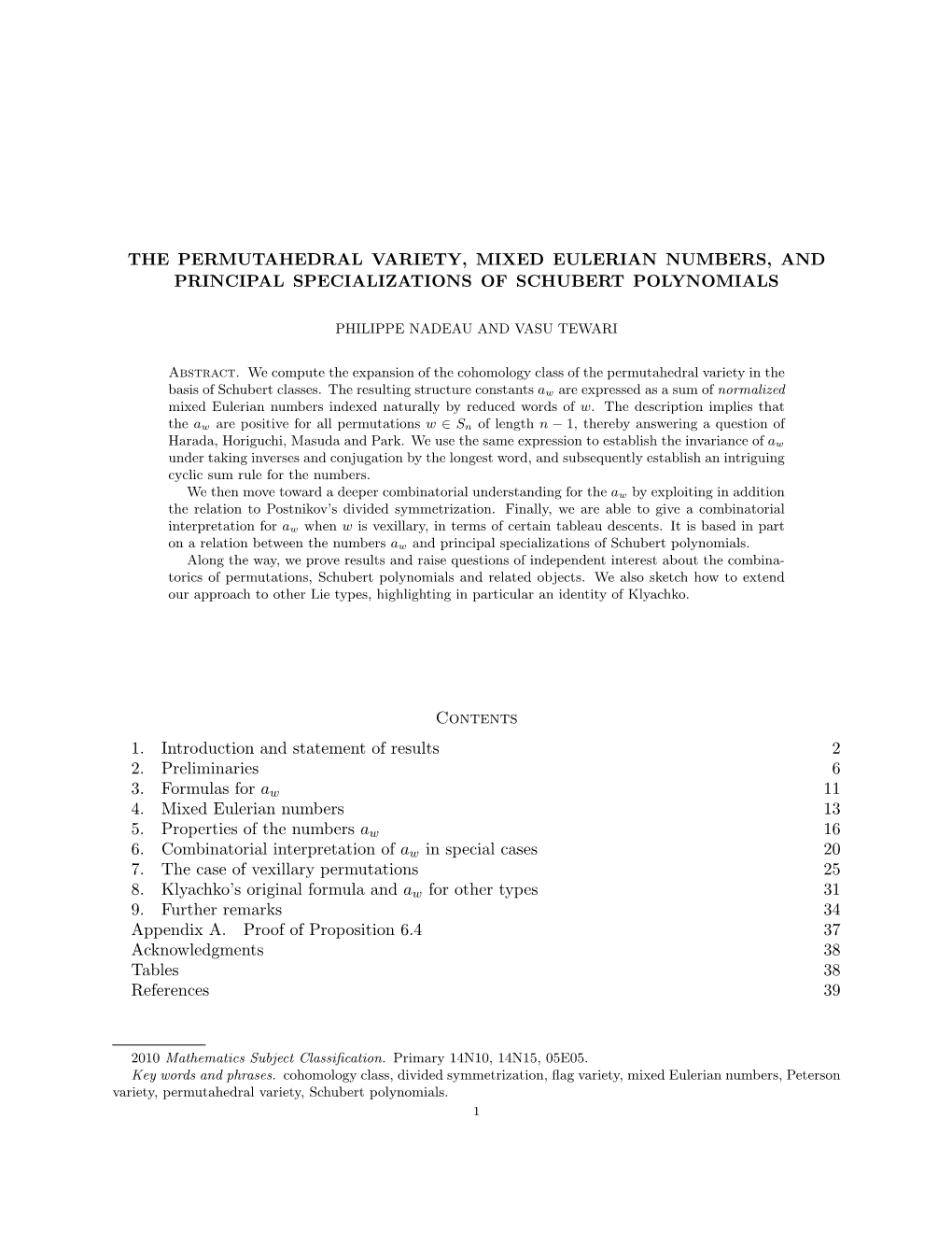 The Permutahedral Variety, Mixed Eulerian Numbers, and Principal Specializations of Schubert Polynomials