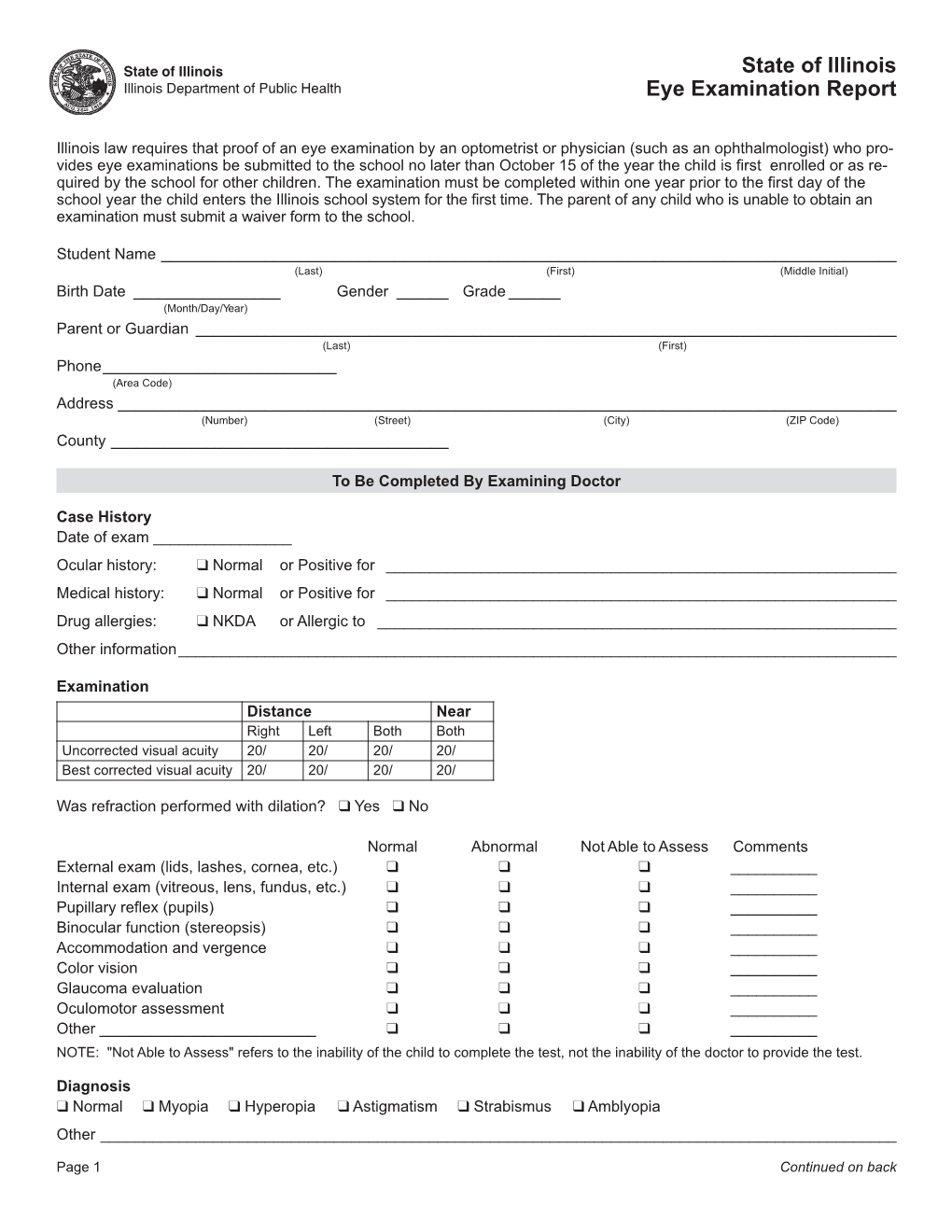 State of Illinois Eye Examination Report