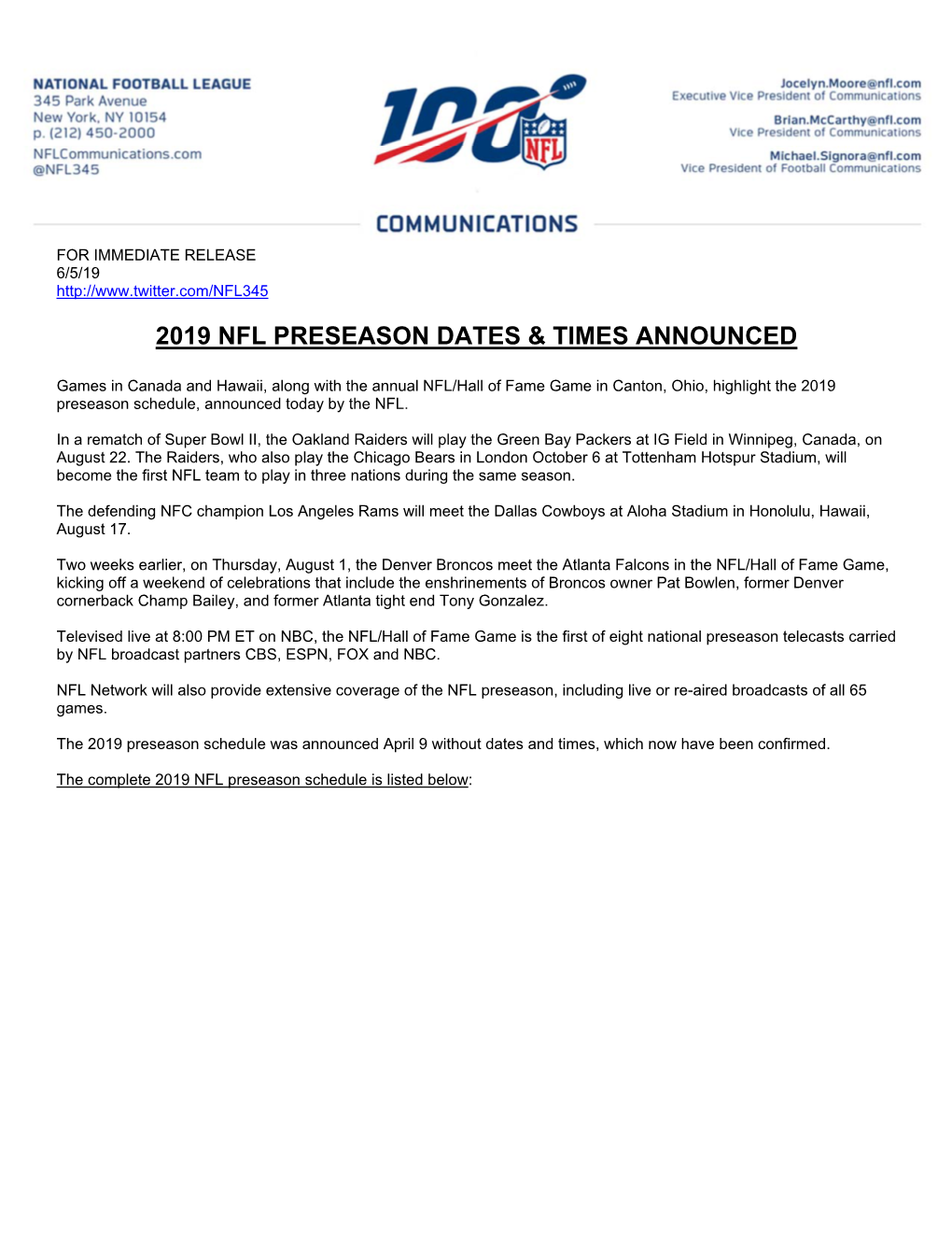 2019 Nfl Preseason Dates & Times Announced