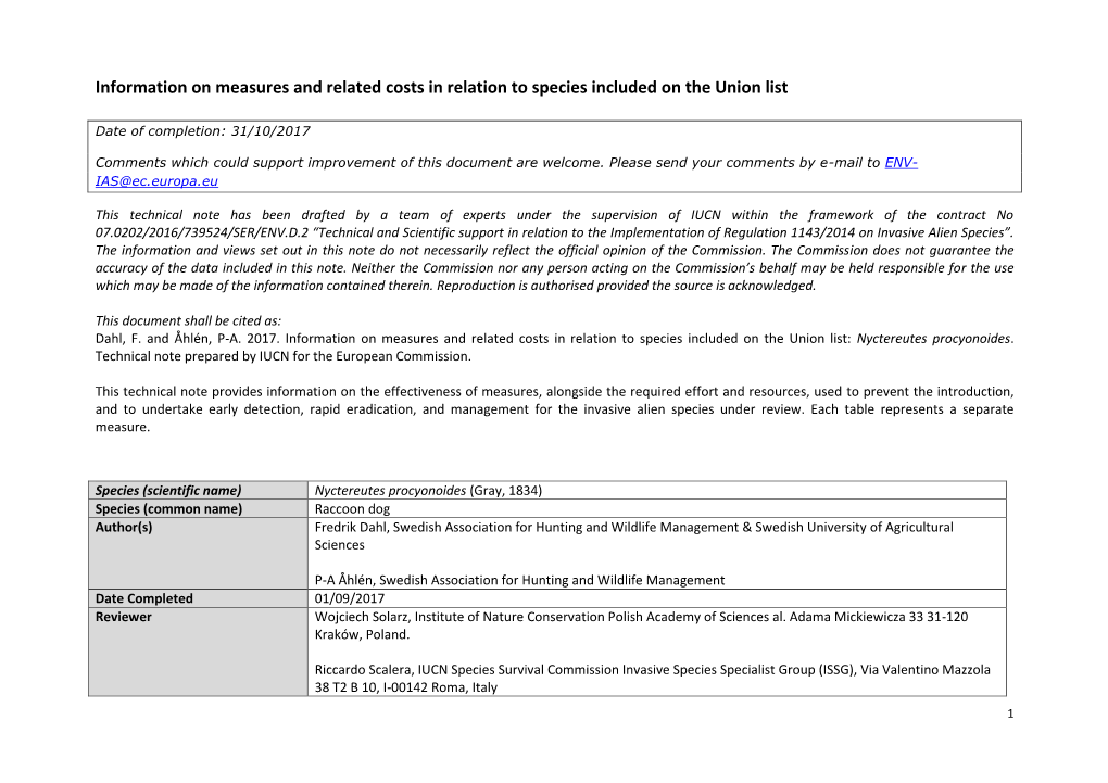 TSSR-1143-2016 Task 003 Measures and Costs in Relation to Species