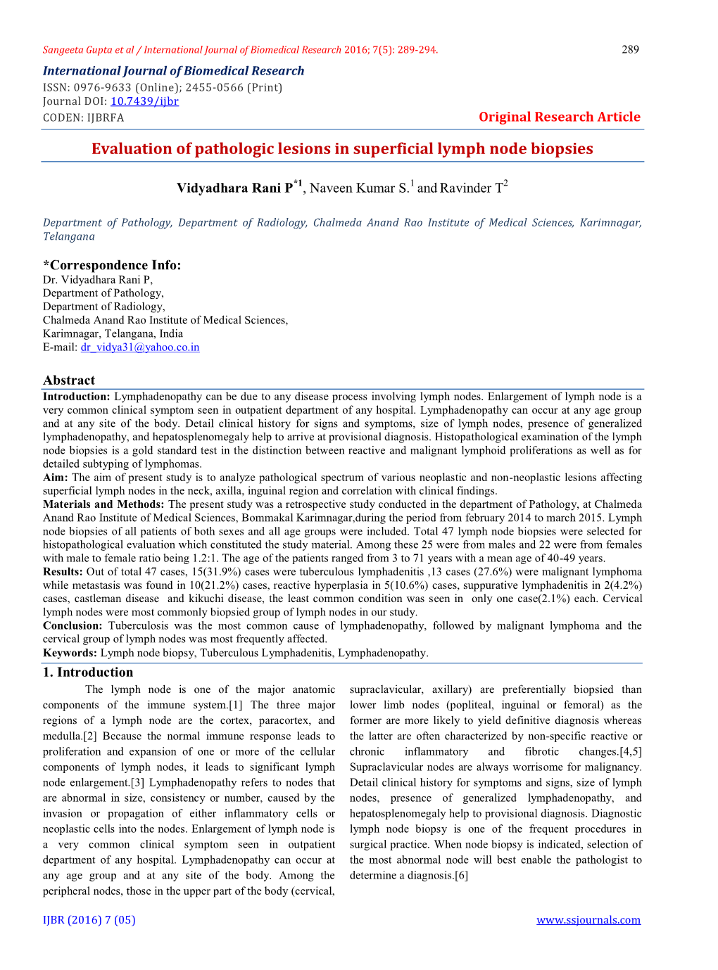 Evaluation of Pathologic Lesions in Superficial Lymph Node Biopsies