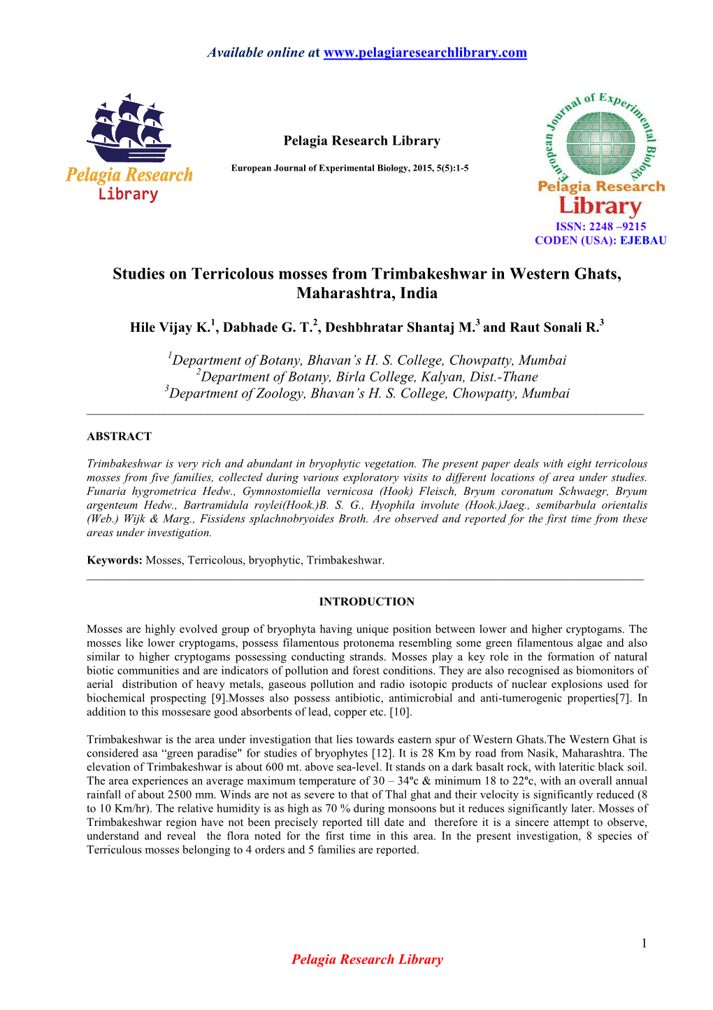 Studies on Terricolous Mosses from Trimbakeshwar in Western Ghats, Maharashtra, India