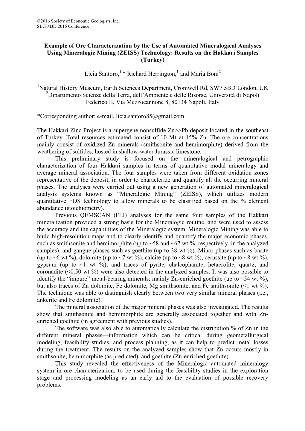 Example of Ore Characterization by the Use of Automated Mineralogical Analyses Using Mineralogic Mining (ZEISS) Technology: Results on the Hakkari Samples (Turkey)