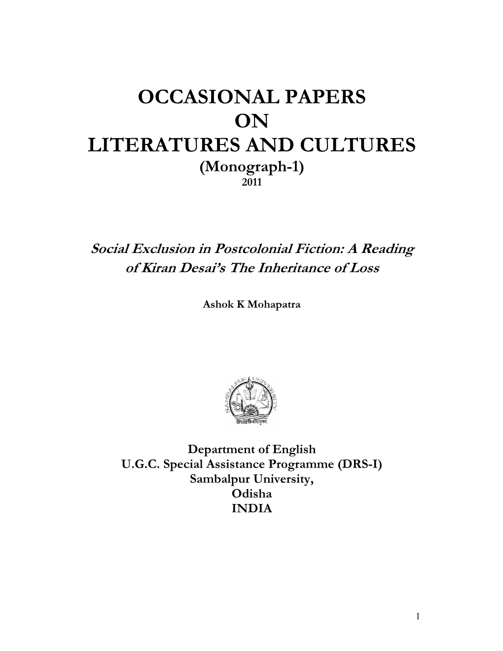 OCCASIONAL PAPERS on LITERATURES and CULTURES (Monograph-1) 2011