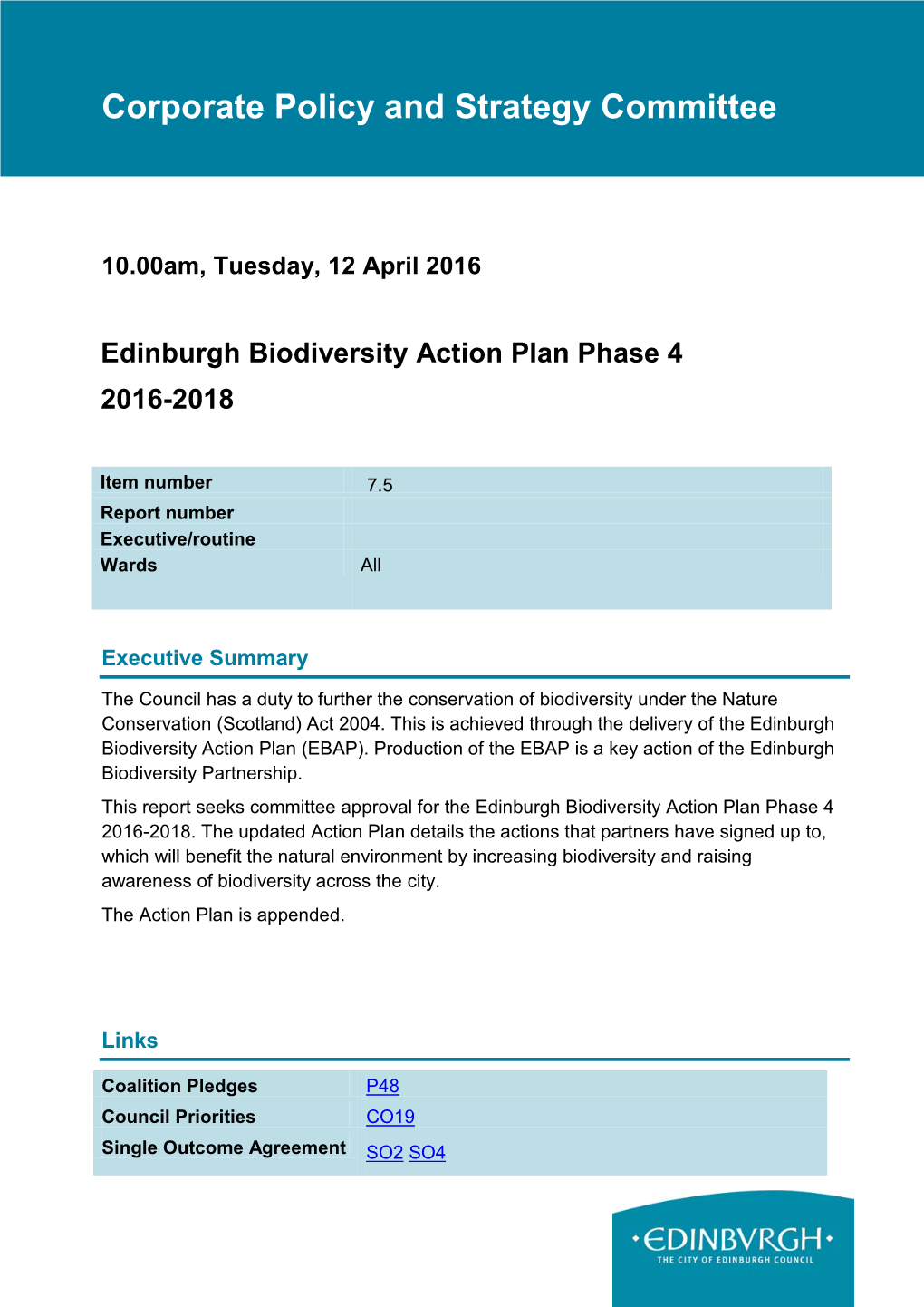 Edinburgh Biodiversity Action Plan Phase 4 2016-2018