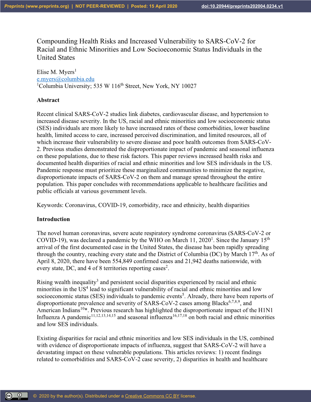 Compounding Health Risks and Increased Vulnerability to SARS-Cov-2 for Racial and Ethnic Minorities and Low Socioeconomic Status Individuals in the United States