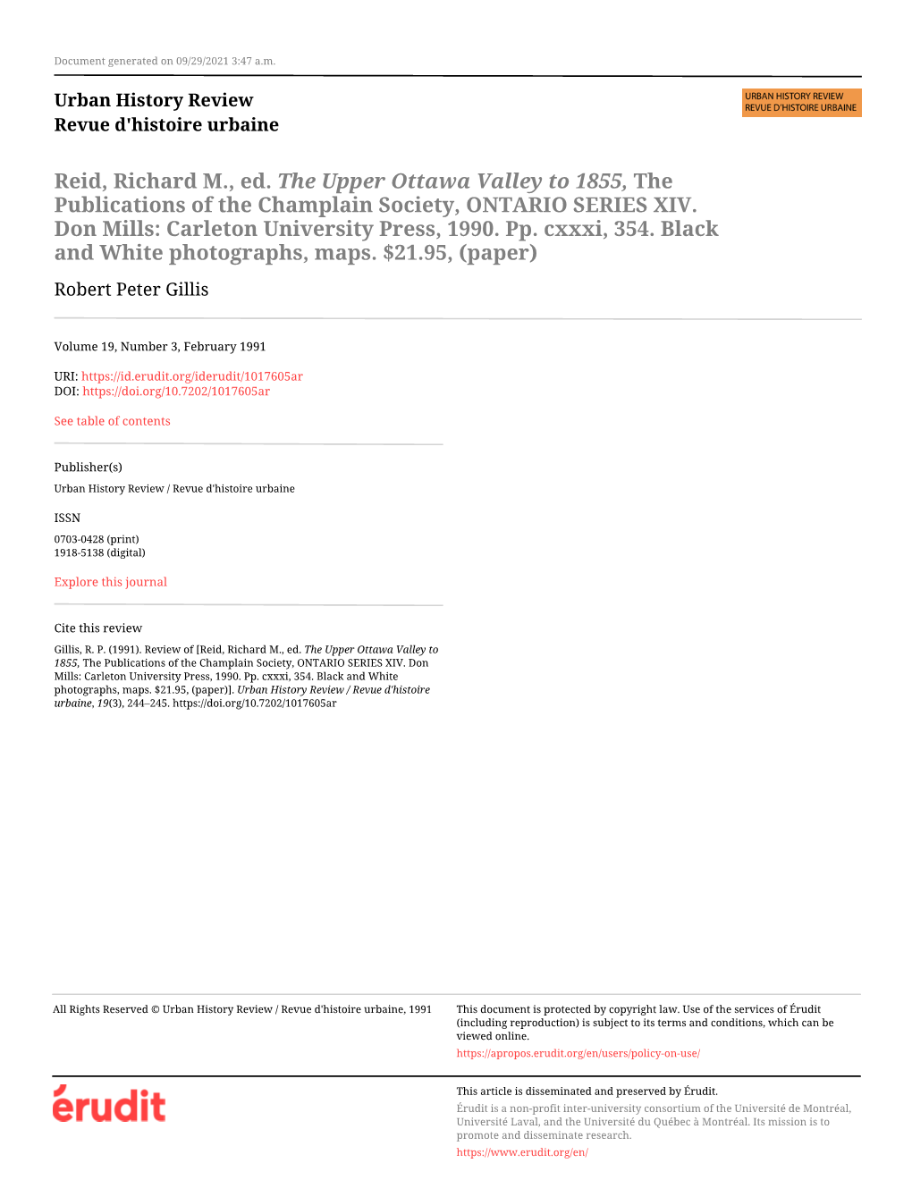 Reid, Richard M., Ed. the Upper Ottawa Valley to 1855, the Publications of the Champlain Society, ONTARIO SERIES XIV