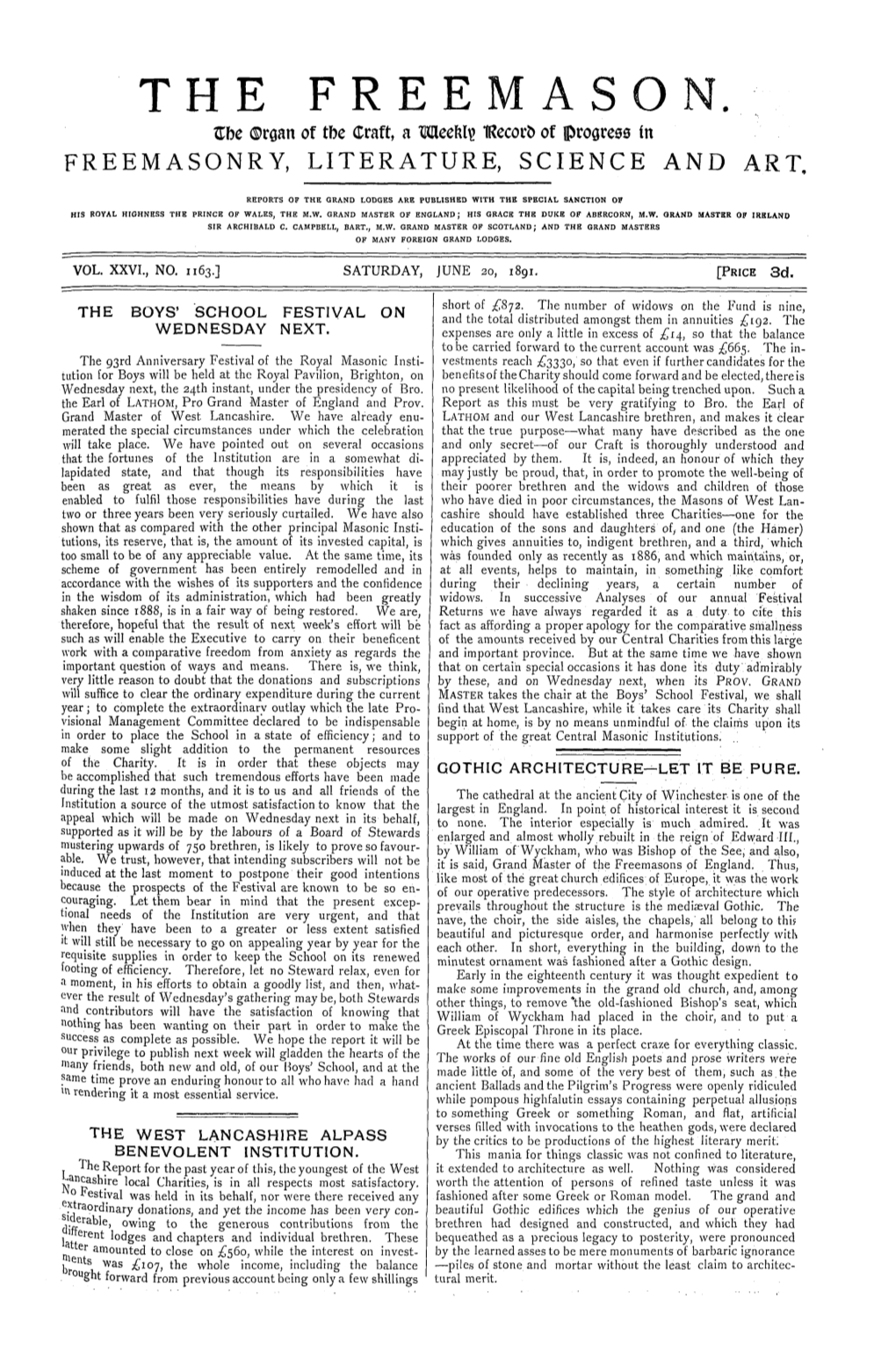 The Boys' School Festival on Wednesday Next. the West Lancashire Alpass Benevolent Institution. Gothic Architecture—Let It Be