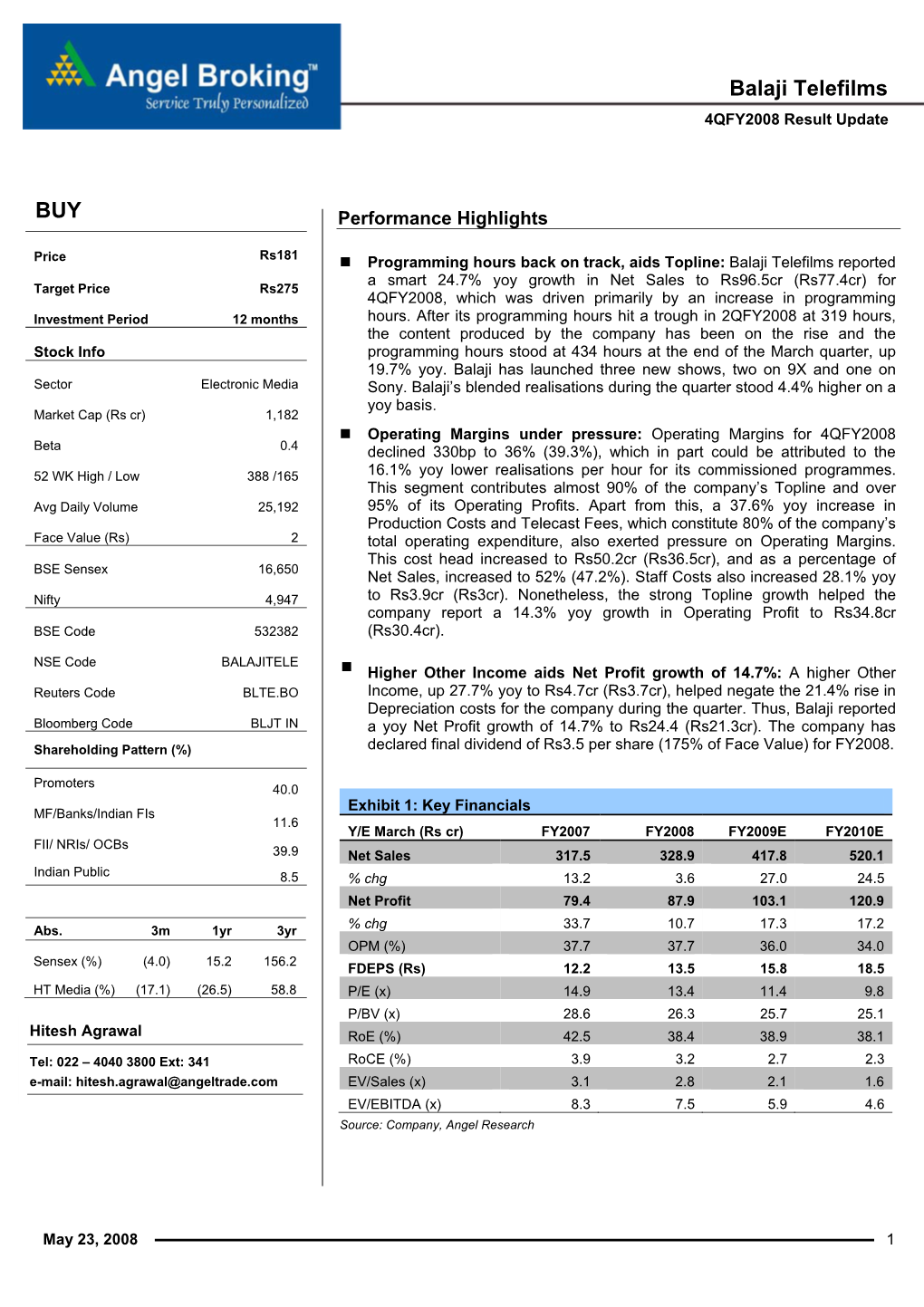 Balaji Telefilms 4QFY2008 Result Update