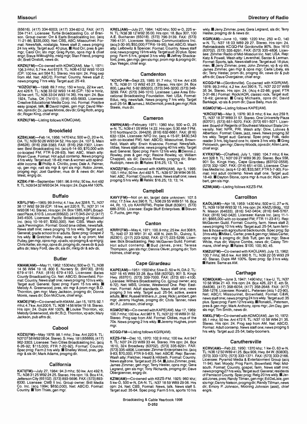 Missouri Directory of Radio Brookfield Buffalo Butler Cabool