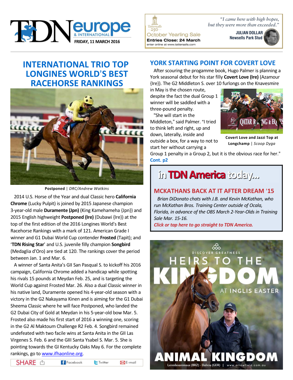 International Trio Top Longines World=S Best Racehorse Rankings